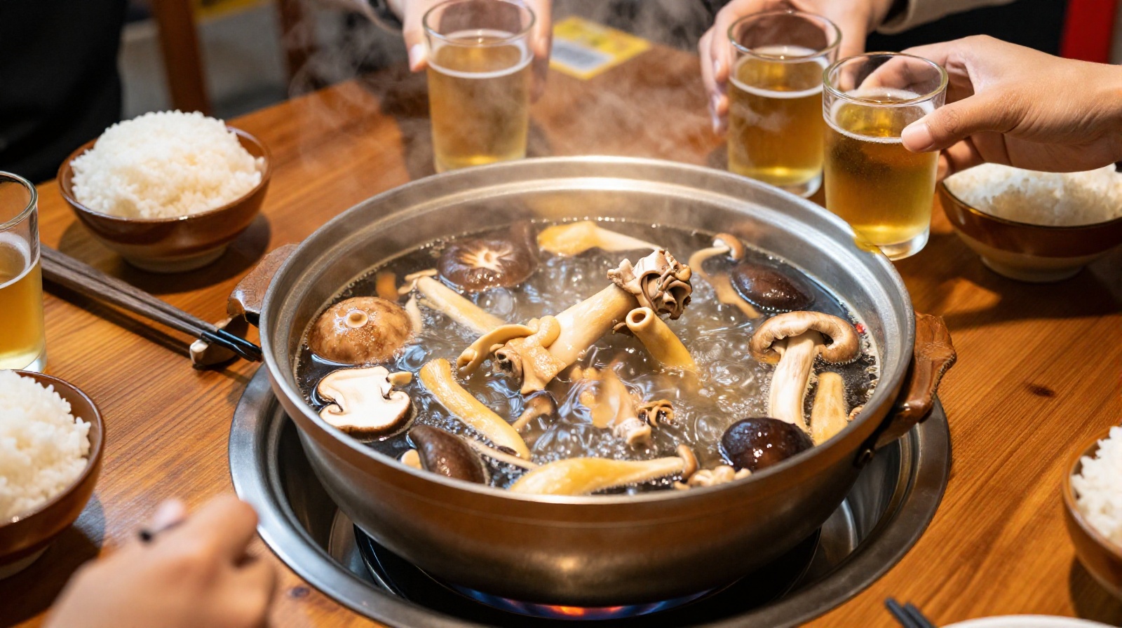 A steaming pot of authentic Yunnan wild mushroom hotpot served with family and friends