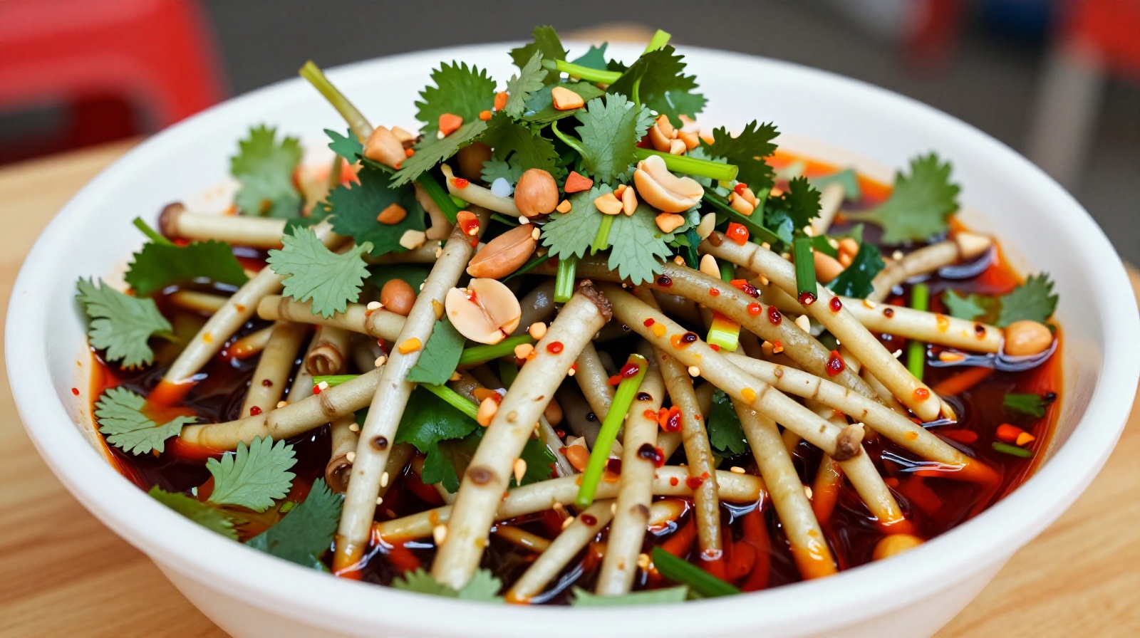 Close-up of a bowl of Zhe'ergen (fish mint) salad with red chili oil and cilantro, a popular Sichuan street food ingredient known for its unique earthy aroma.