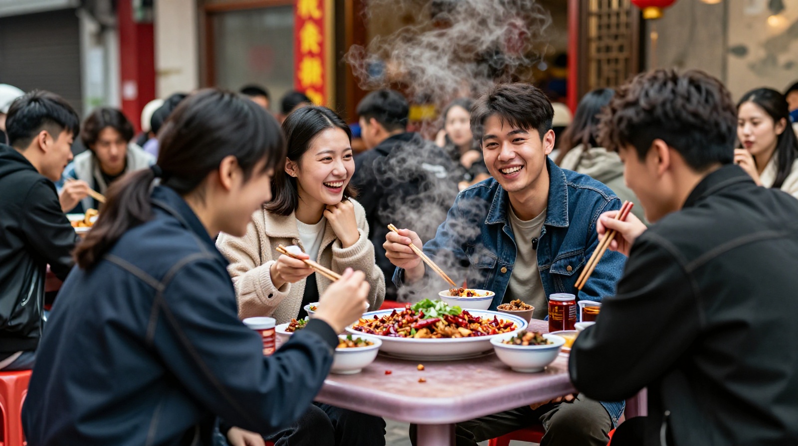 A group of international tourists trying local Sichuan cuisine at an outdoor street stall, experiencing the challenge of eating unfamiliar foods like fish mint.