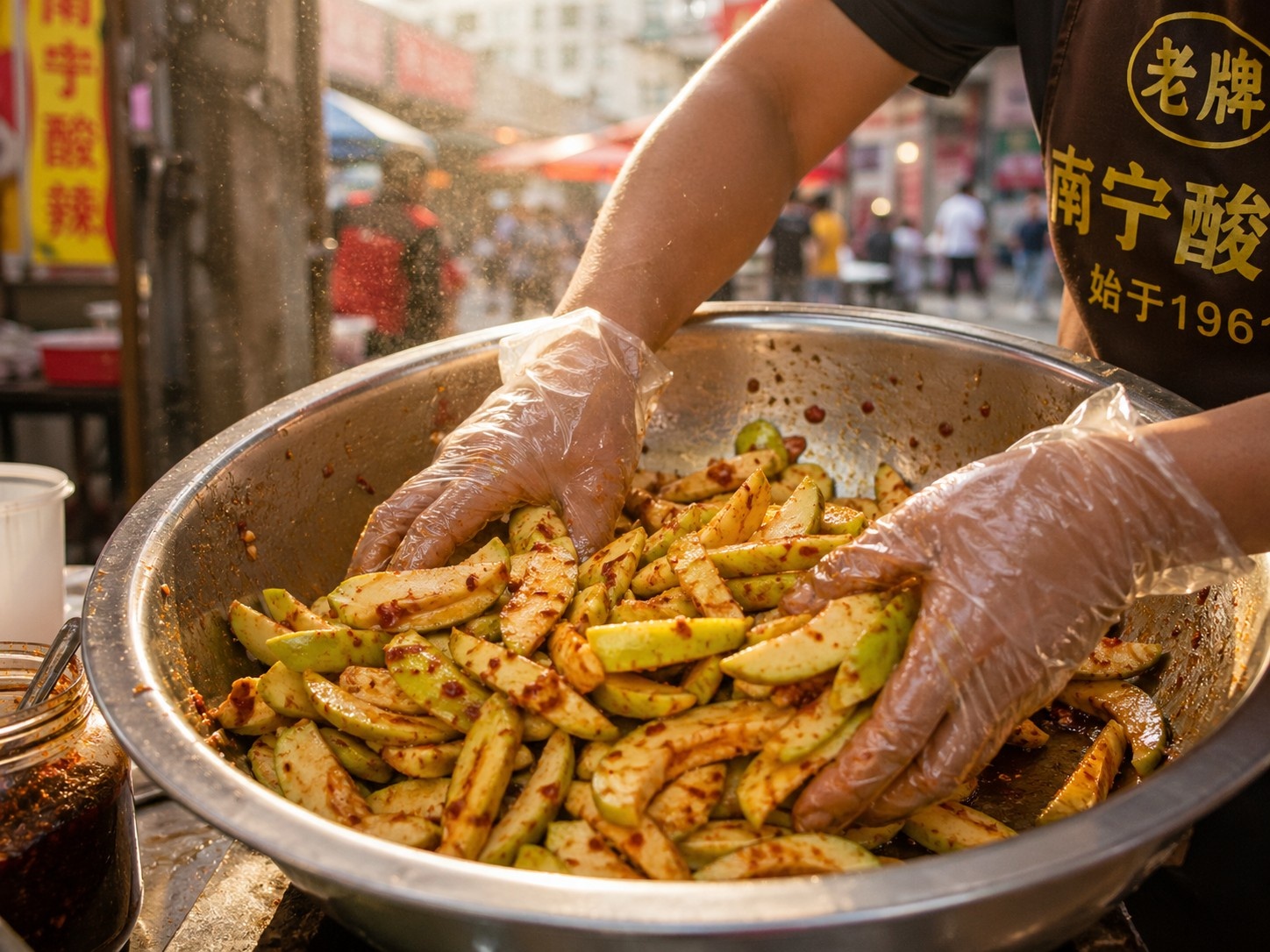 Close up of hands mixing spicy pickled green mangoes with chili powder at a Nanning street stall