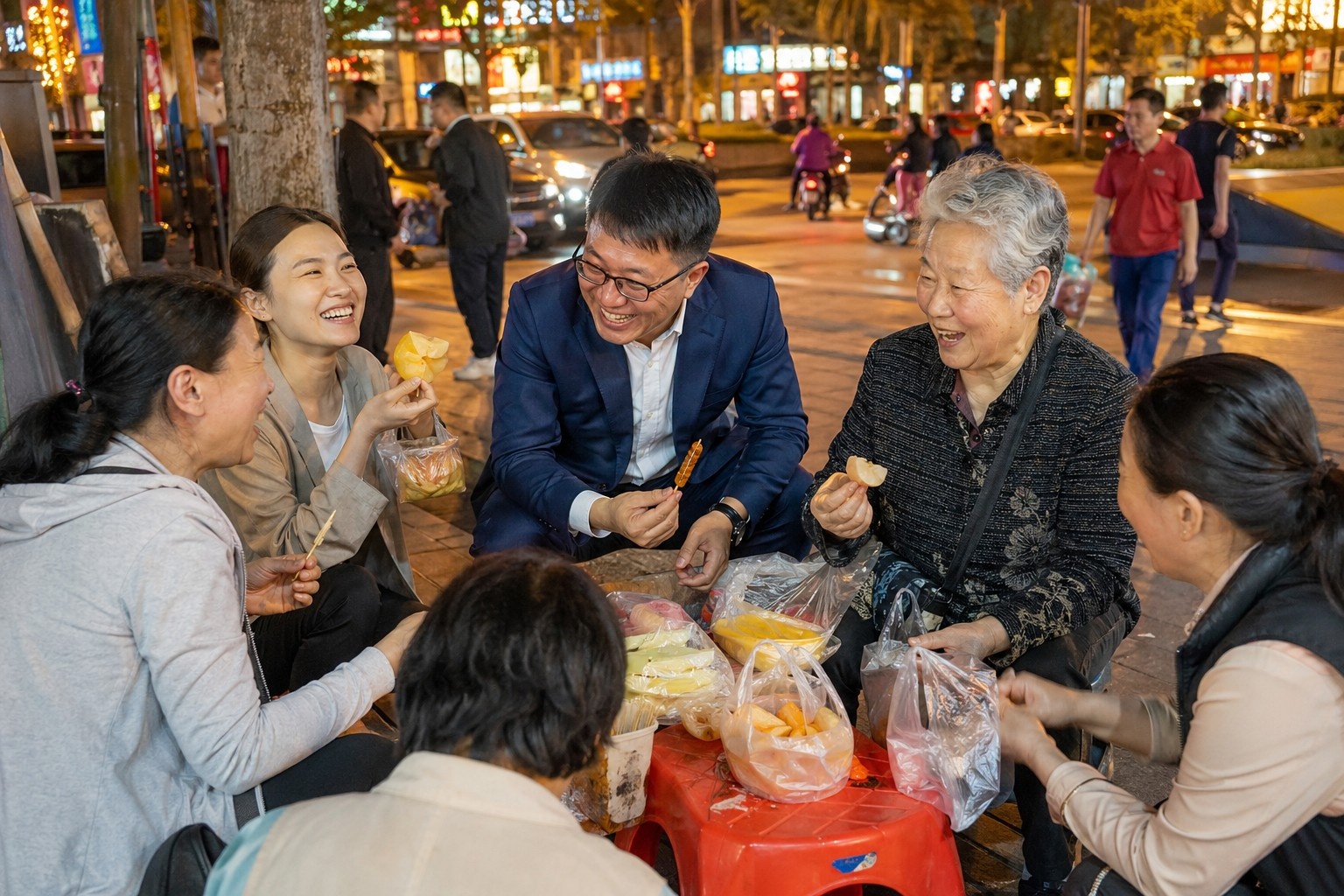 Strangers sharing pickled fruit snacks on a Nanning street corner while chatting and laughing