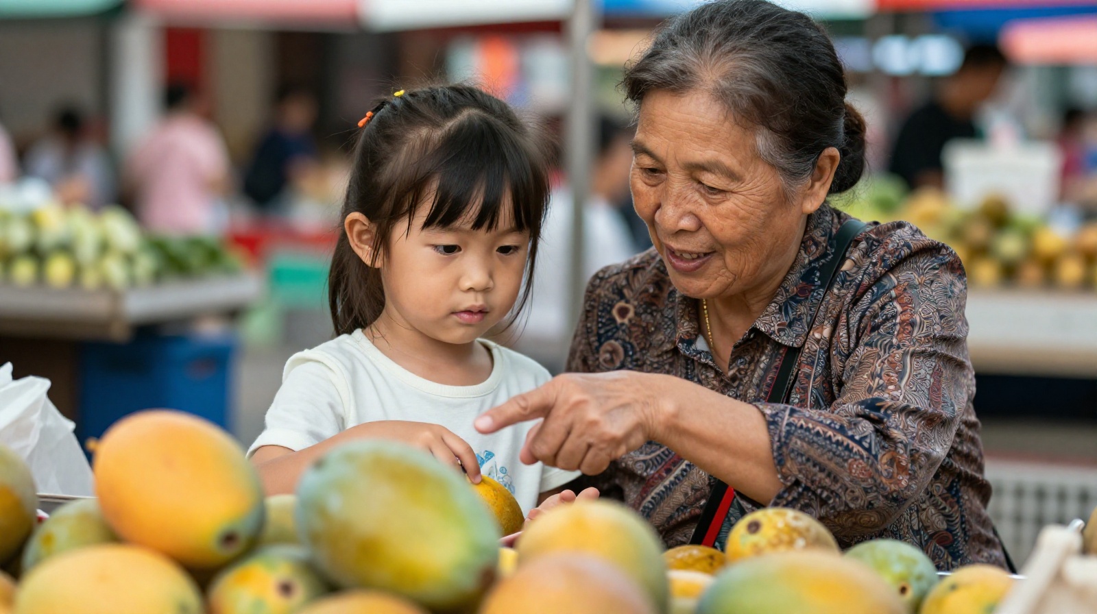 Grandmother teaching her granddaughter to select fruit at a Nanning suan ye stall