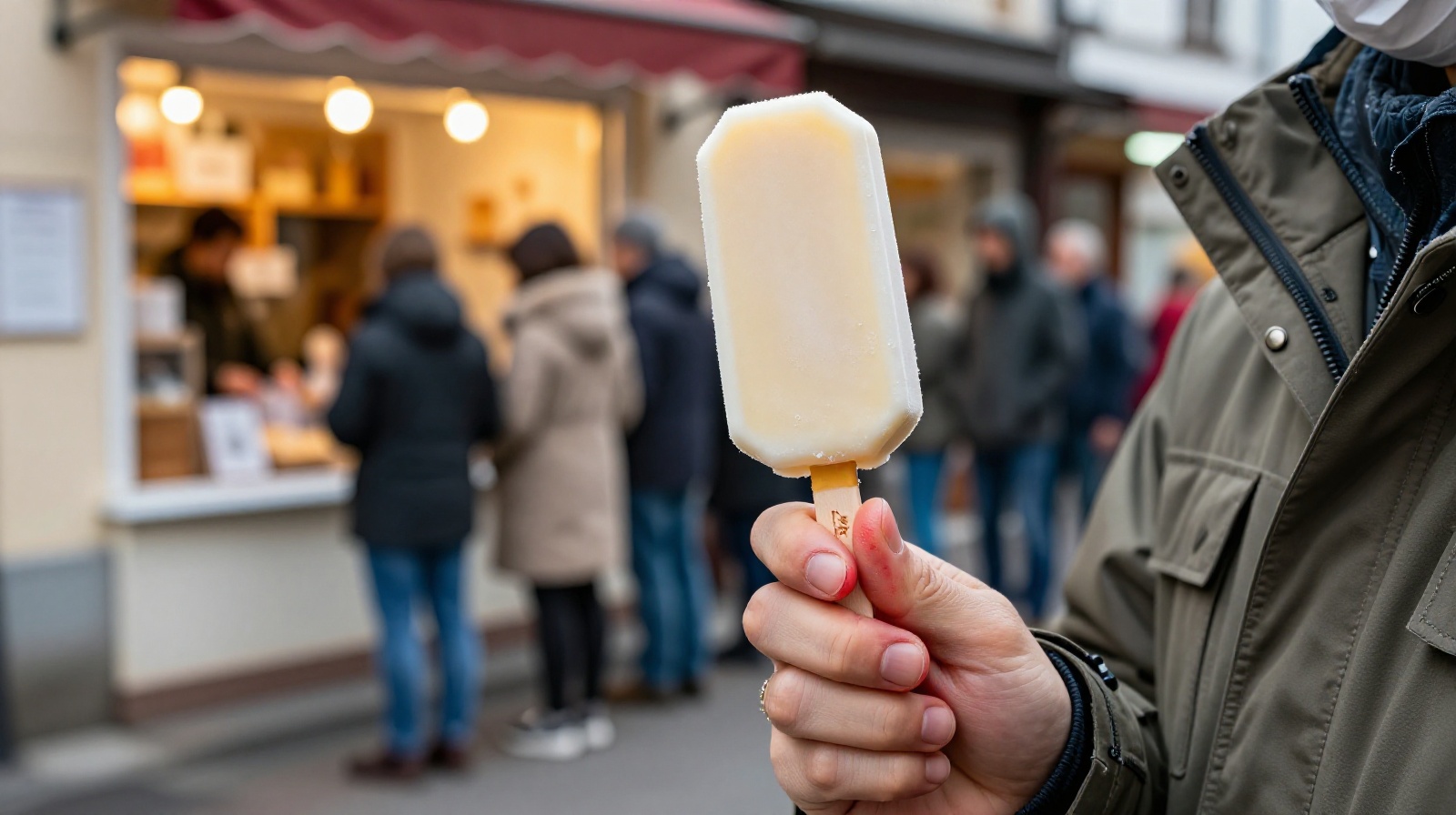 A customer eating a Madier ice cream bar in freezing weather outside a shop in Harbin, China.