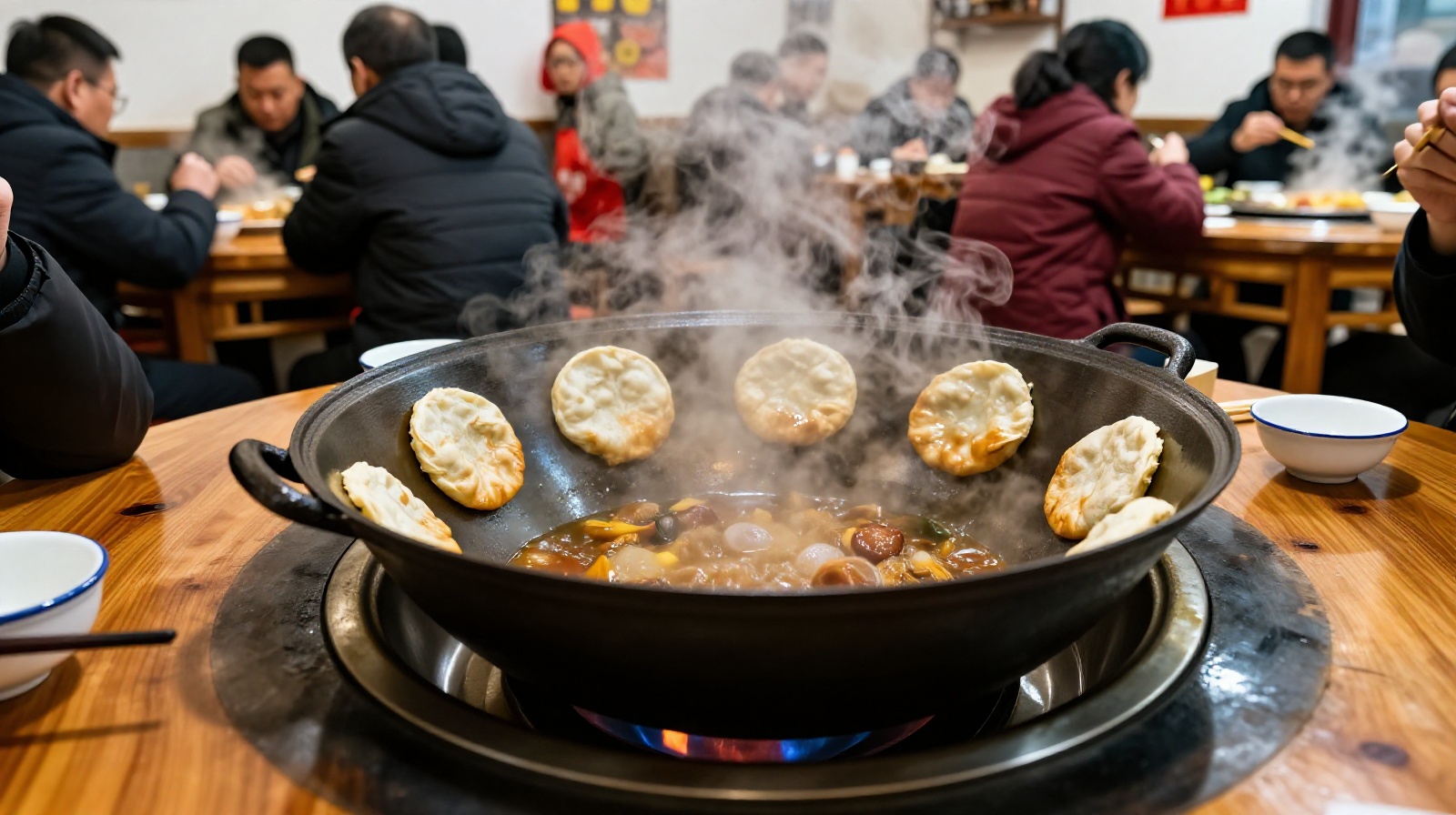 A group of people dining at an iron pot stew restaurant in Harbin, with steam rising from the central pot.