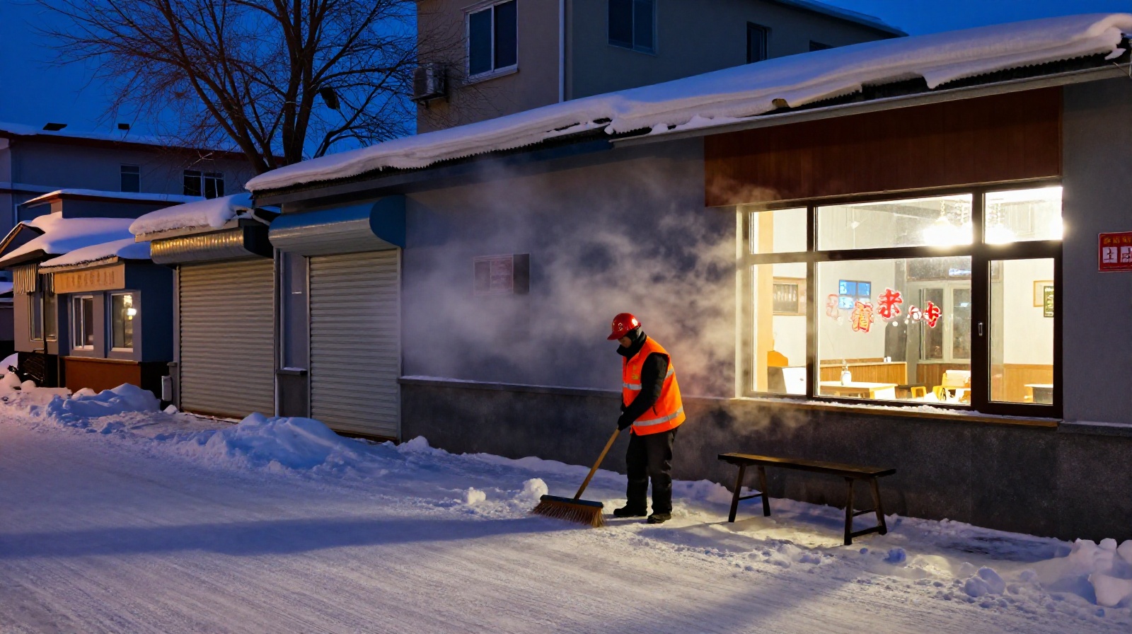 An empty Harbin street at dawn with a sanitation worker and warm light spilling from a late-night eatery.
