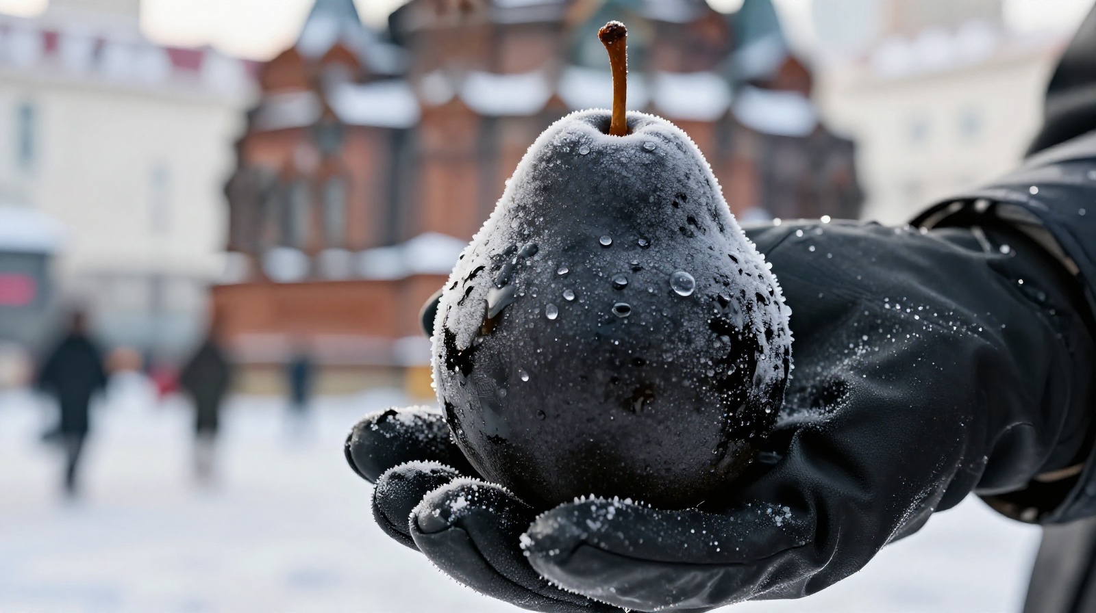 Close up of a customer holding a thawing frozen black pear on a snowy street in Harbin