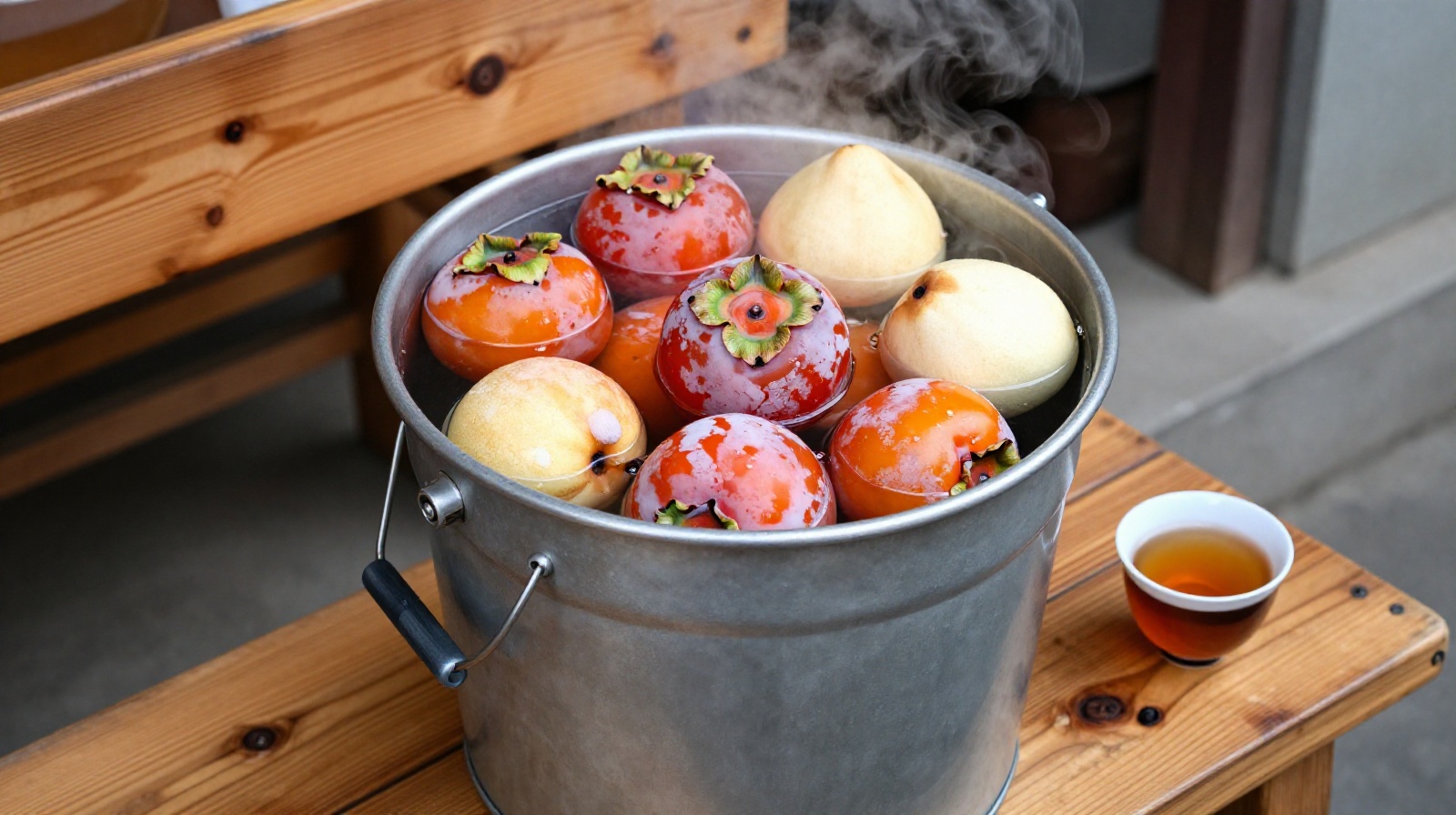 Frozen fruits soaking in a bucket of cold water for thawing on a winter street
