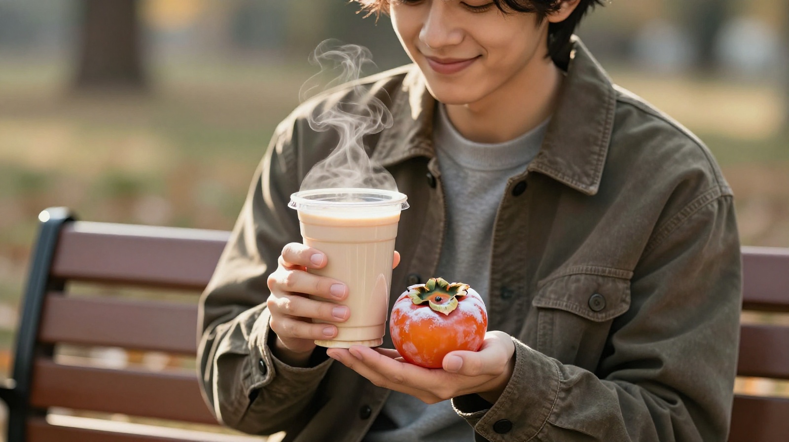 A local enjoying hot milk tea and a frozen persimmon together in a Harbin park