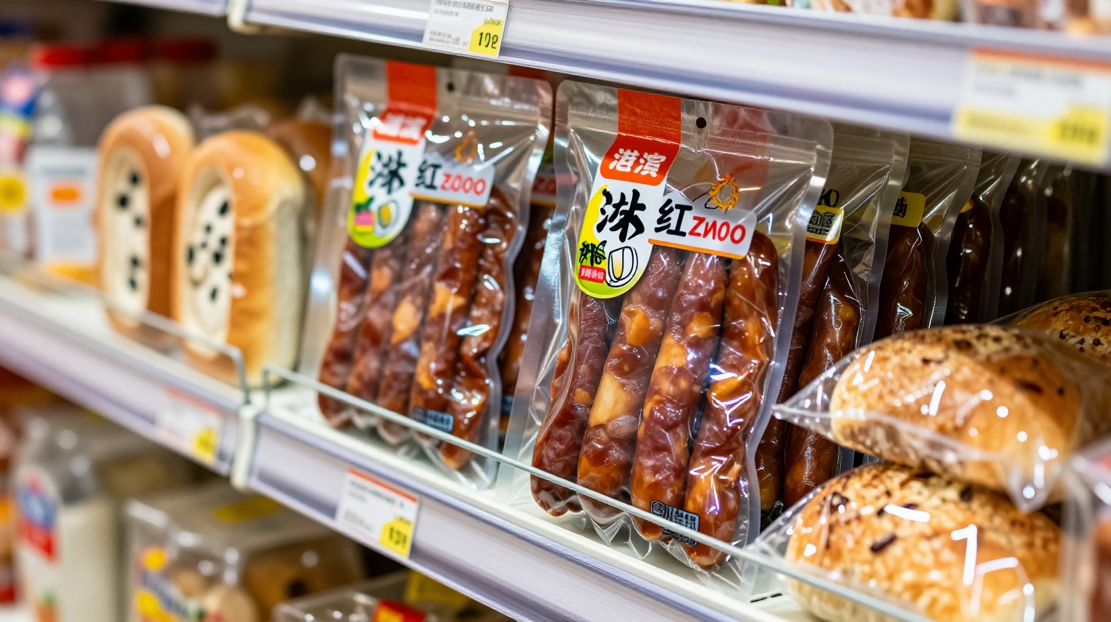 Packages of Harbin red sausage and Russian-style rye bread on a supermarket shelf in China