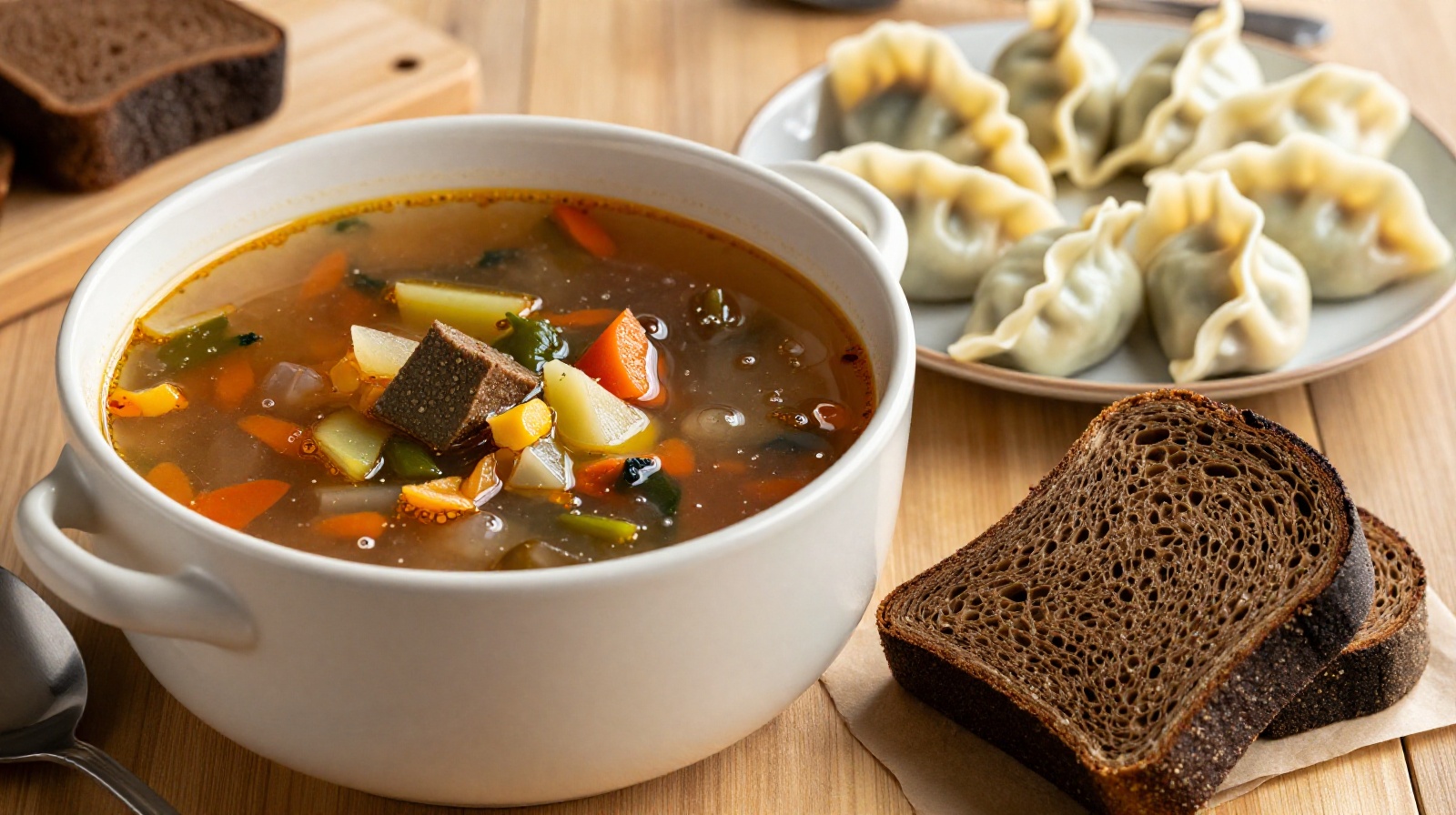 Traditional Chinese-Russian fusion meal including borscht and dumplings served on a family dining table