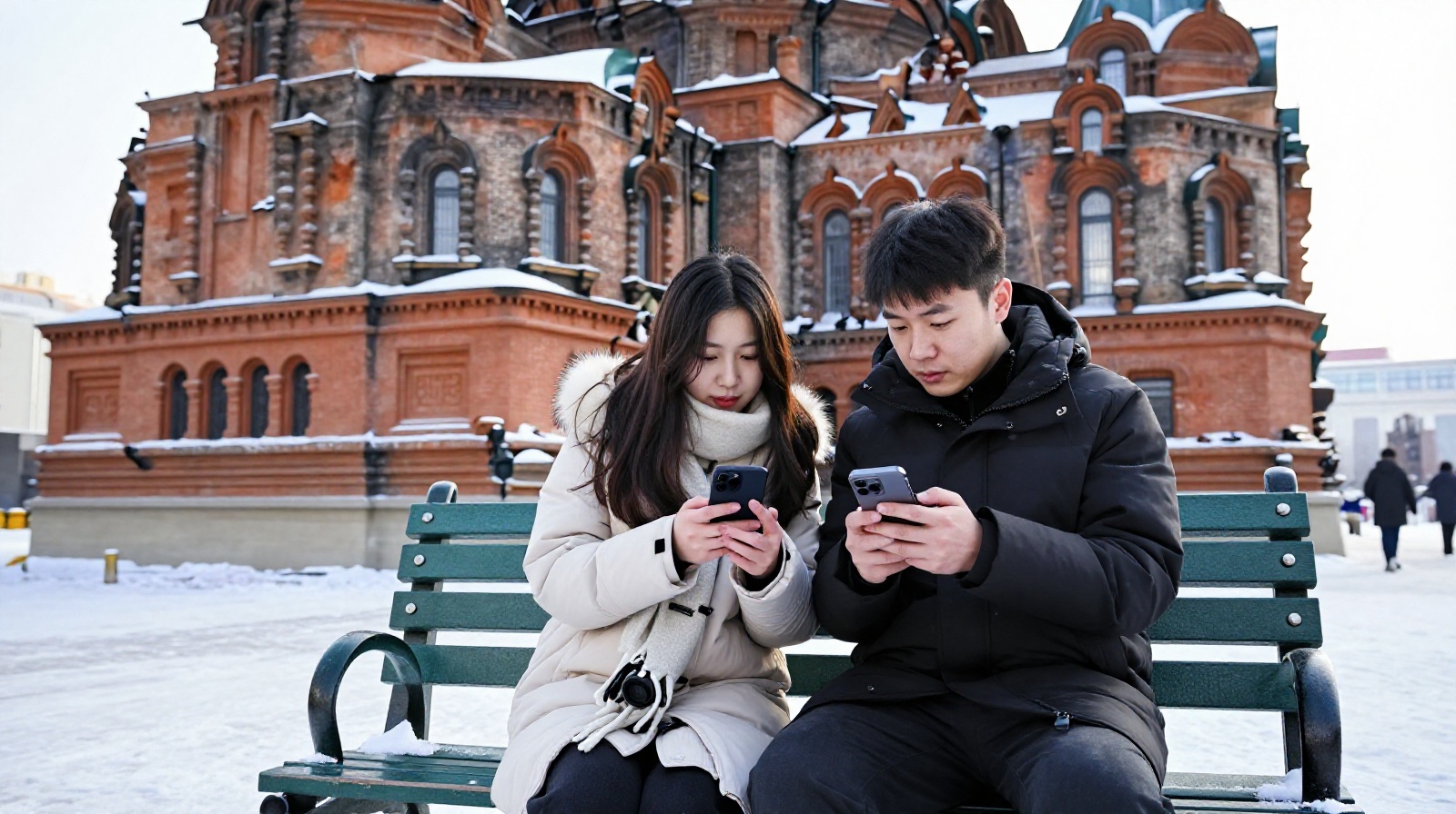 Young locals relaxing on Central Street in Harbin with historic architecture in the background