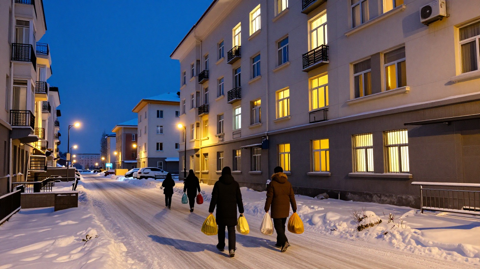 A wide shot of a snowy street in Harbin at dusk with a family walking towards their apartment building carrying grocery bags