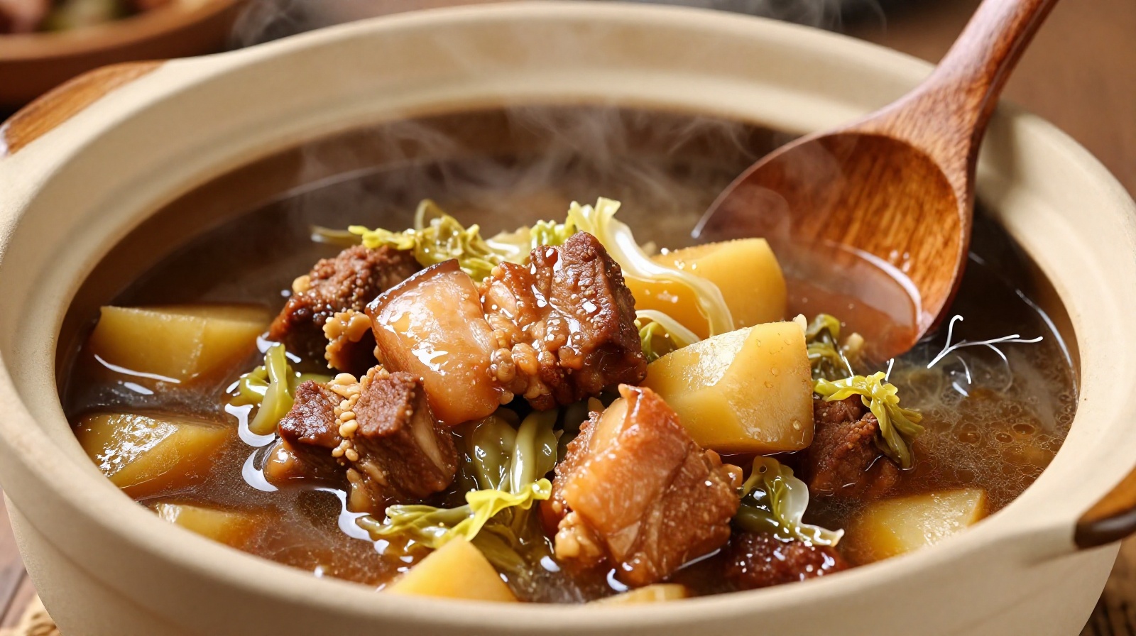 A close-up of a clay pot filled with Luan Dun stew containing pork, potatoes, and cabbage