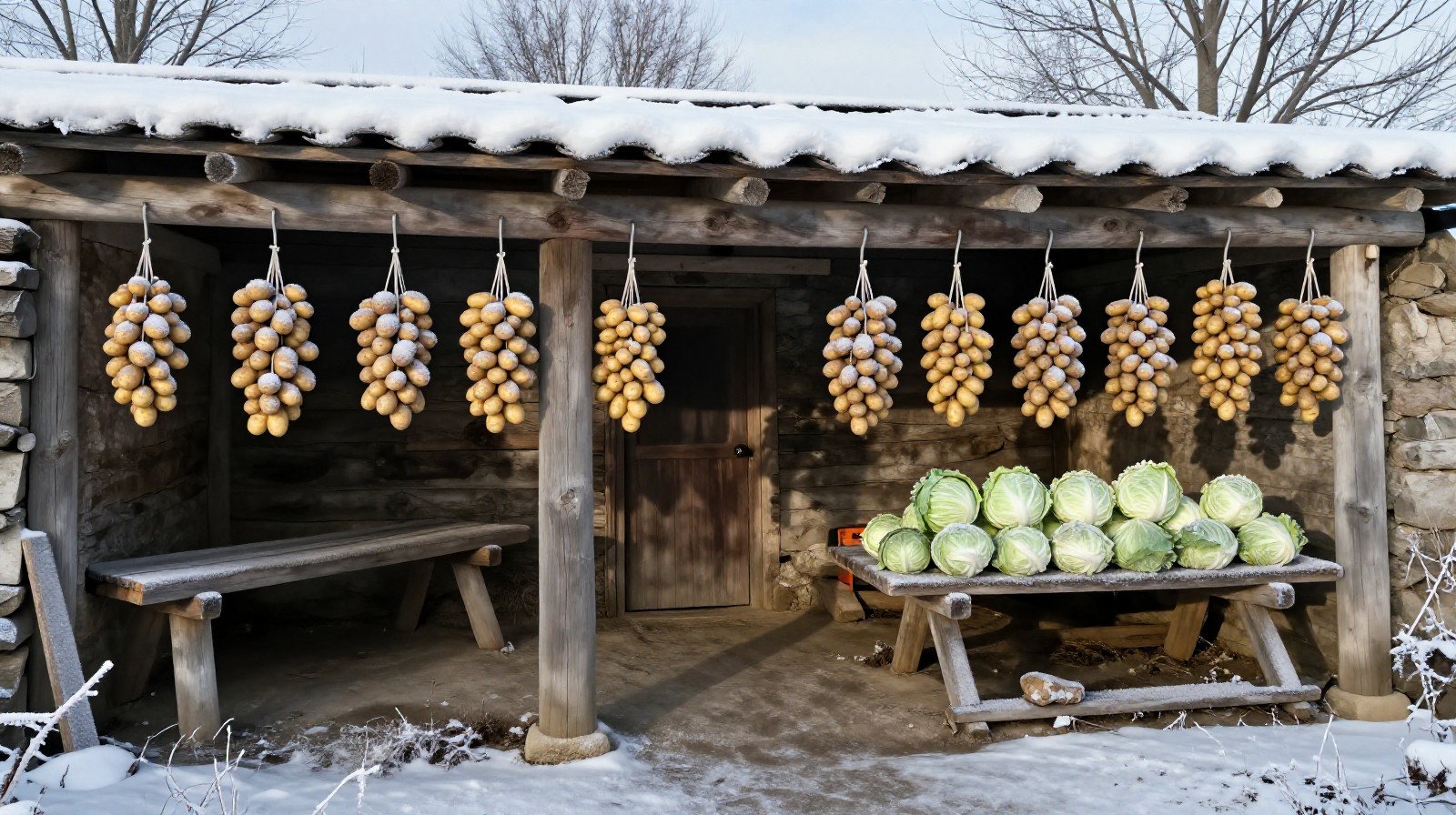 Frozen vegetables hanging on a rack in a cold storage area during winter