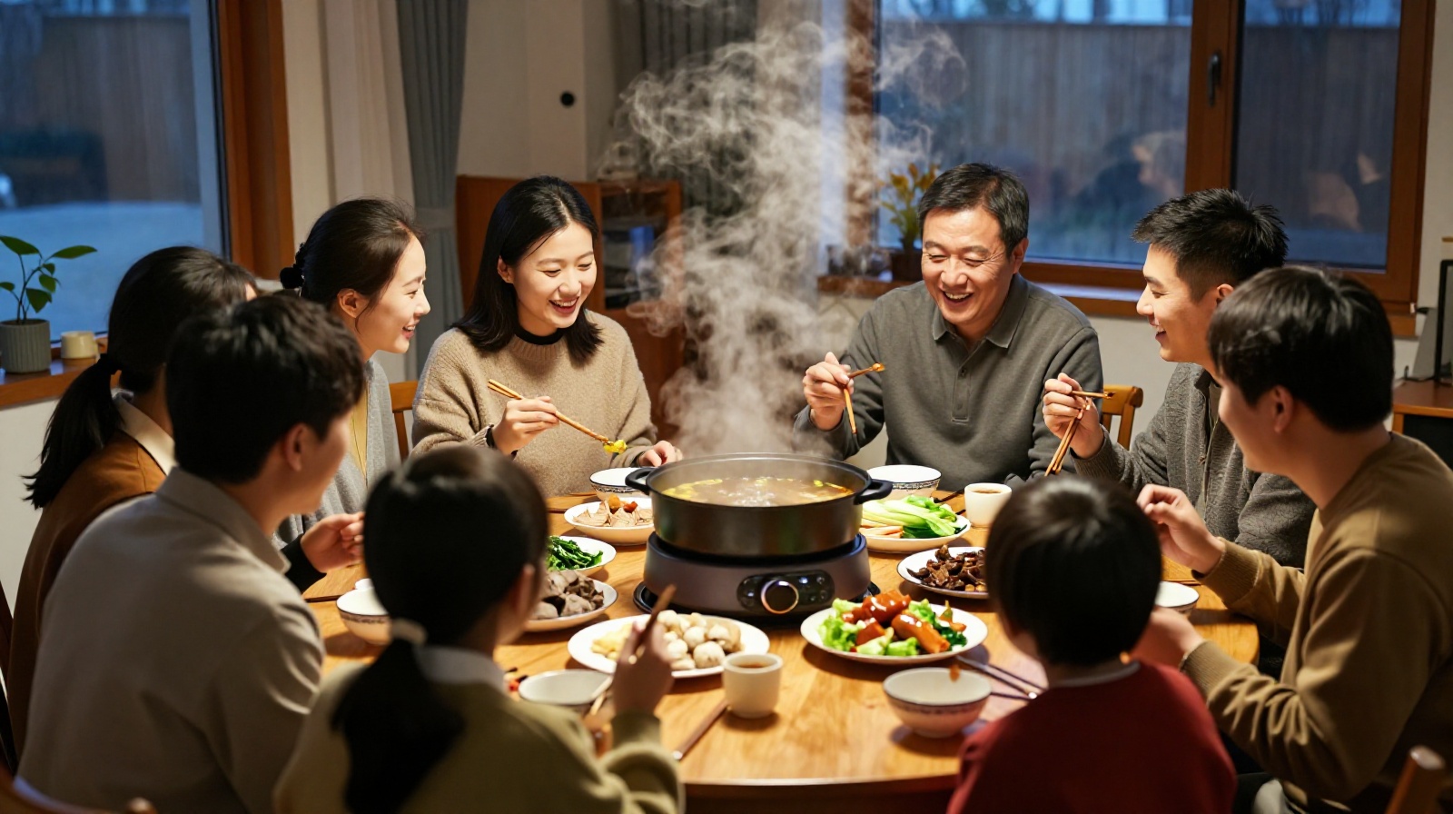 A family gathering around a hot pot to eat together in a warm kitchen