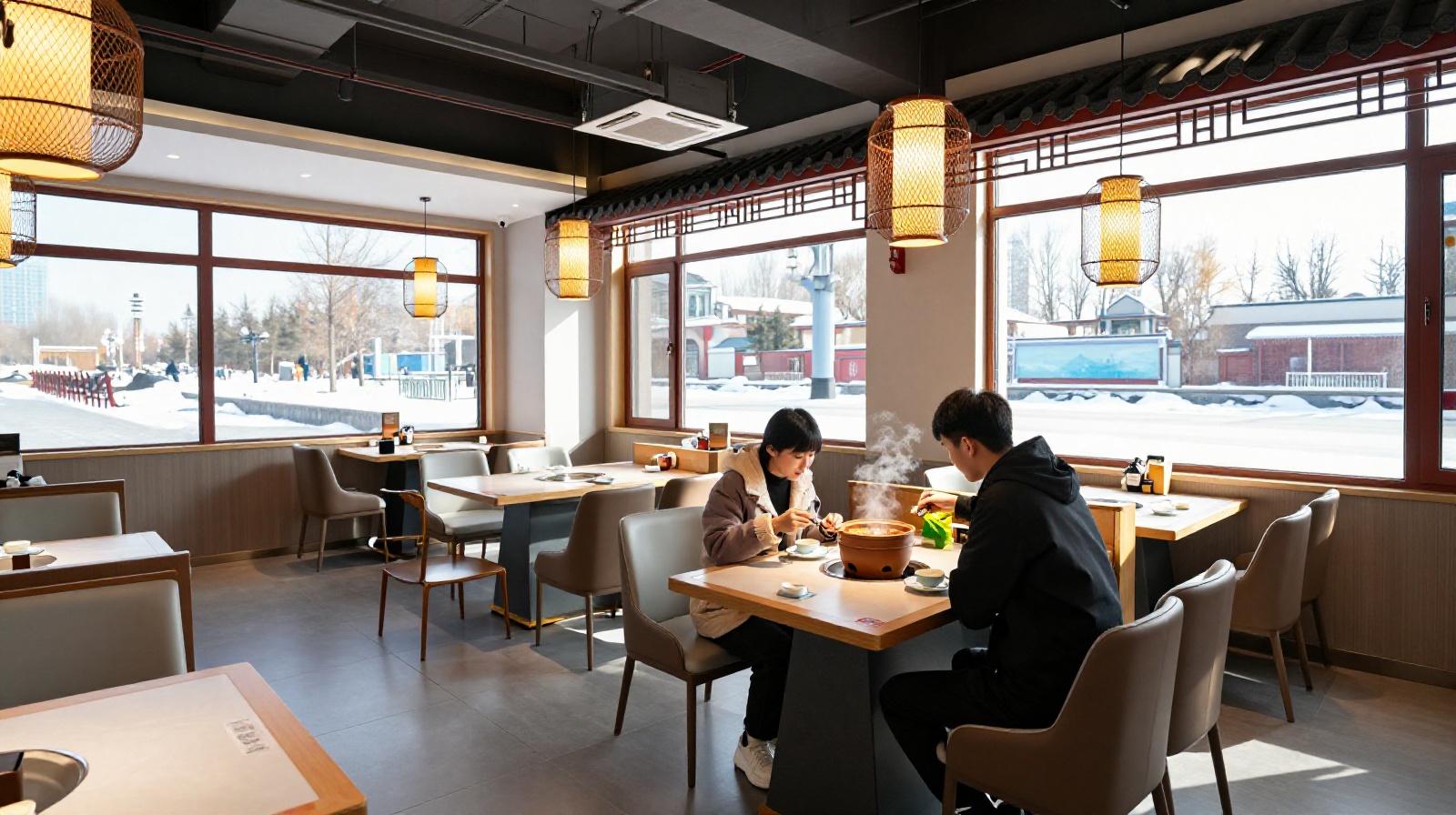 Young people enjoying a modern version of Luan Dun in a contemporary restaurant