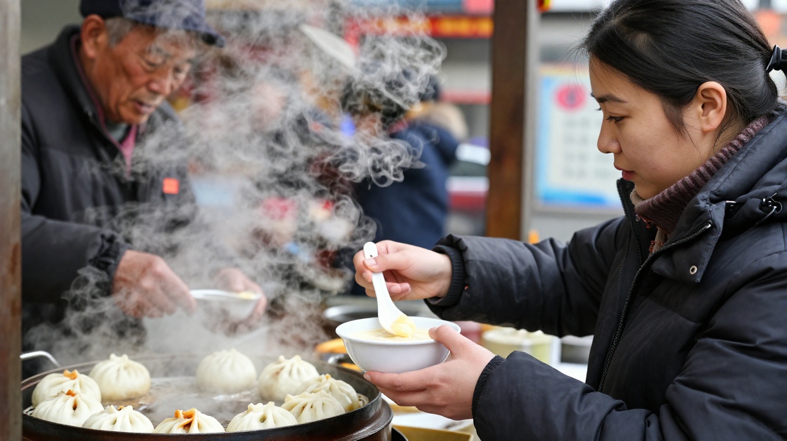 Young woman in winter coat buying breakfast at a steaming street stall in Heilongjiang