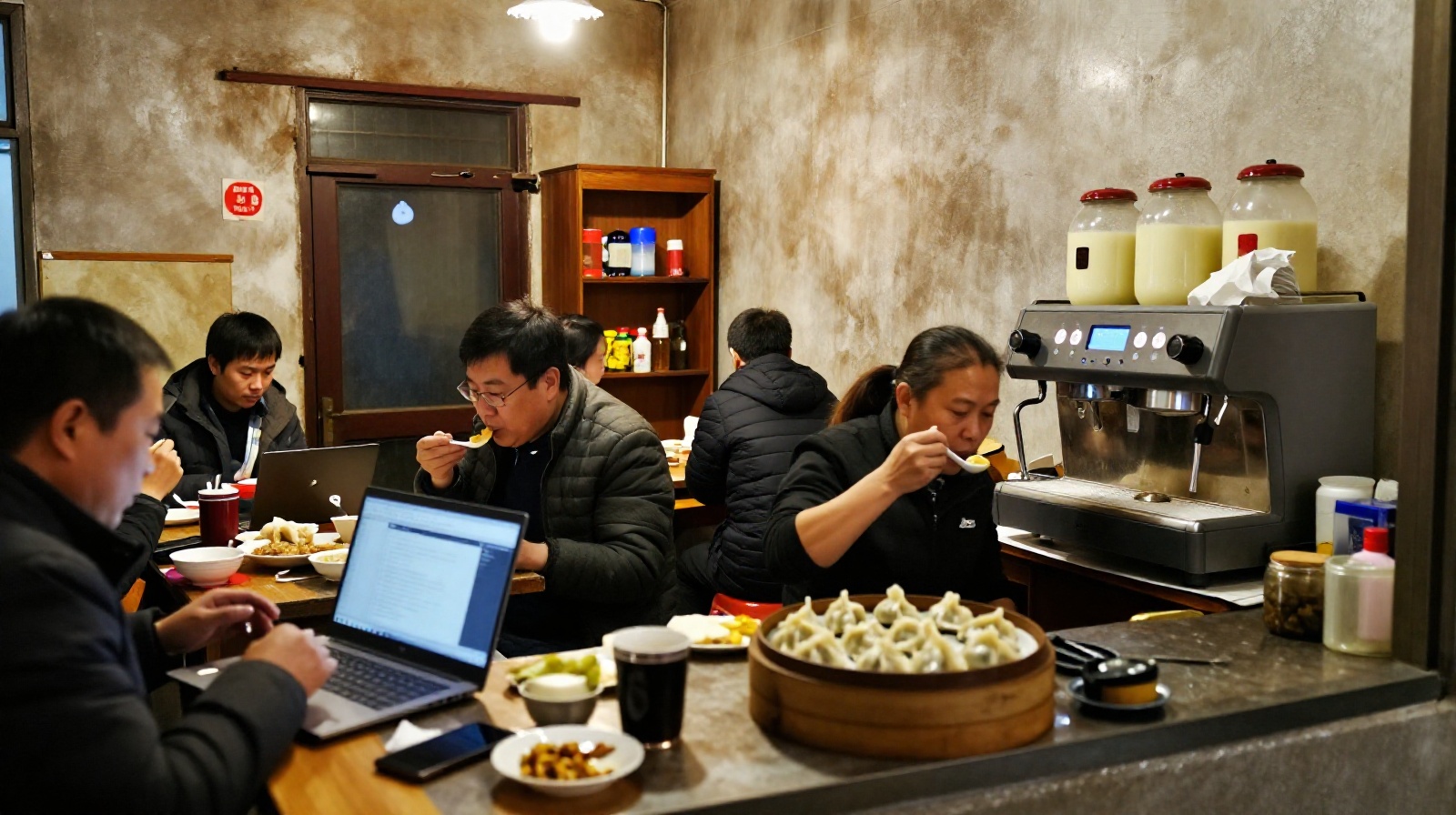 Customers enjoying modern coffee and traditional Chinese breakfast in a small town cafe