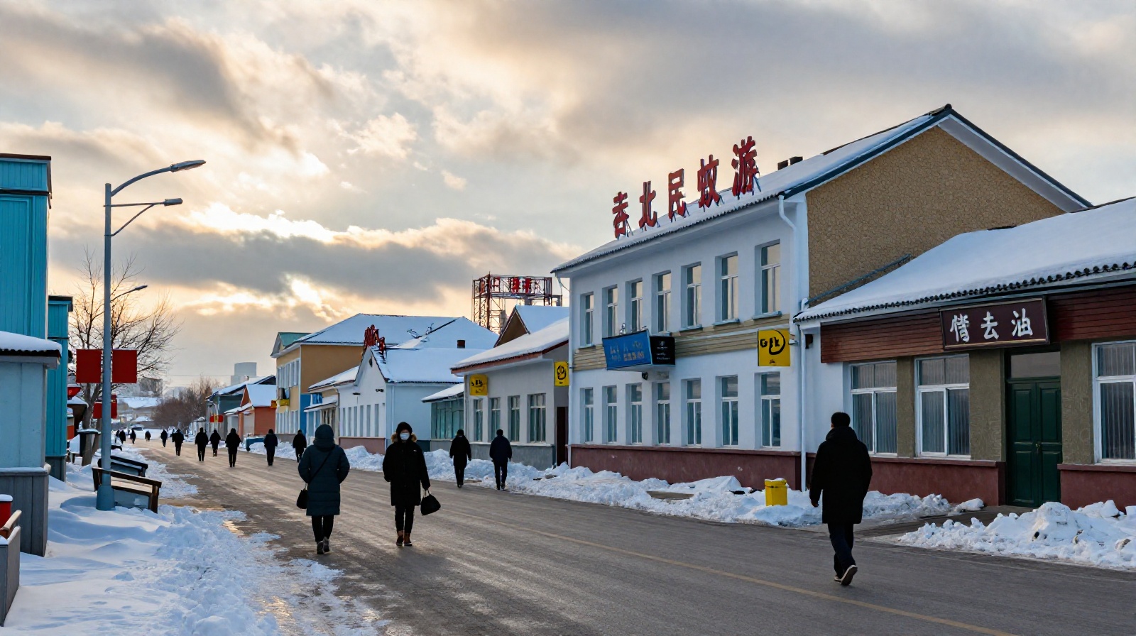 Revitalized street scene in a Heilongjiang town with young locals walking in the morning