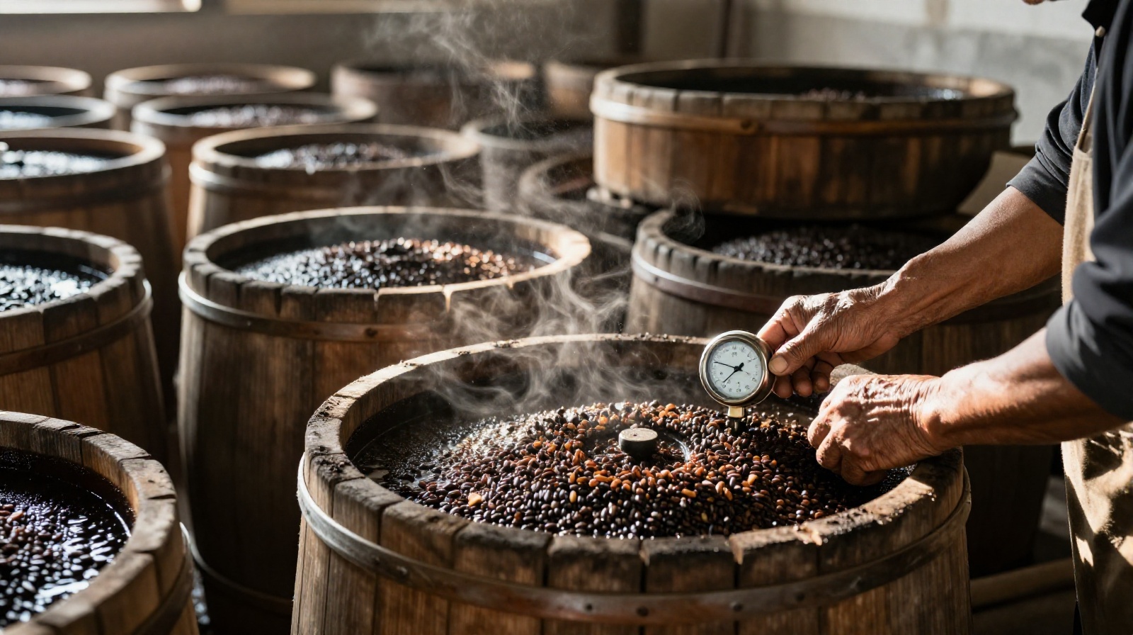 Close-up view of traditional wooden fermentation vats in Zhenjiang vinegar workshop with steam rising and sunlight filtering through dust
