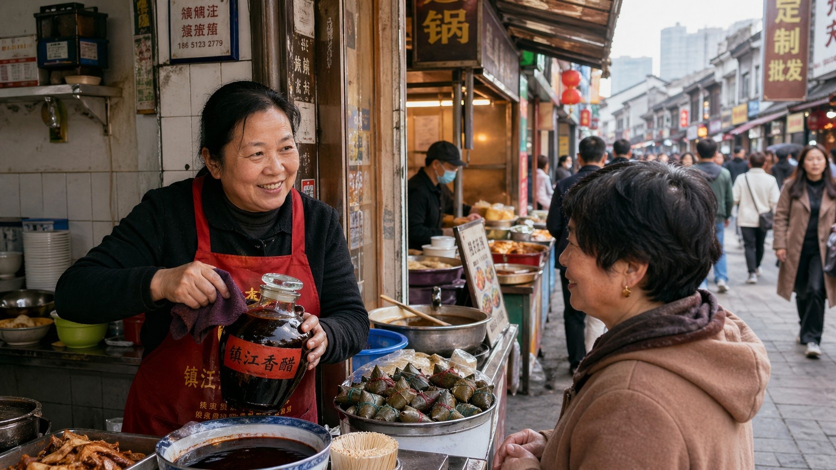 Local vendor polishing a bottle of Zhenjiang vinegar outside a busy noodle shop in China