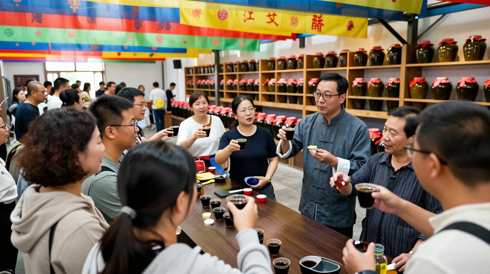Tourists learning about Zhenjiang vinegar culture during a guided tasting session at the museum