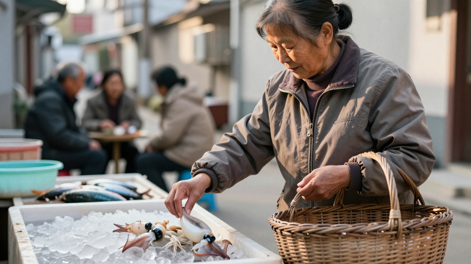 Local resident examining fresh squid at a neighborhood fish market in Dalian during the morning