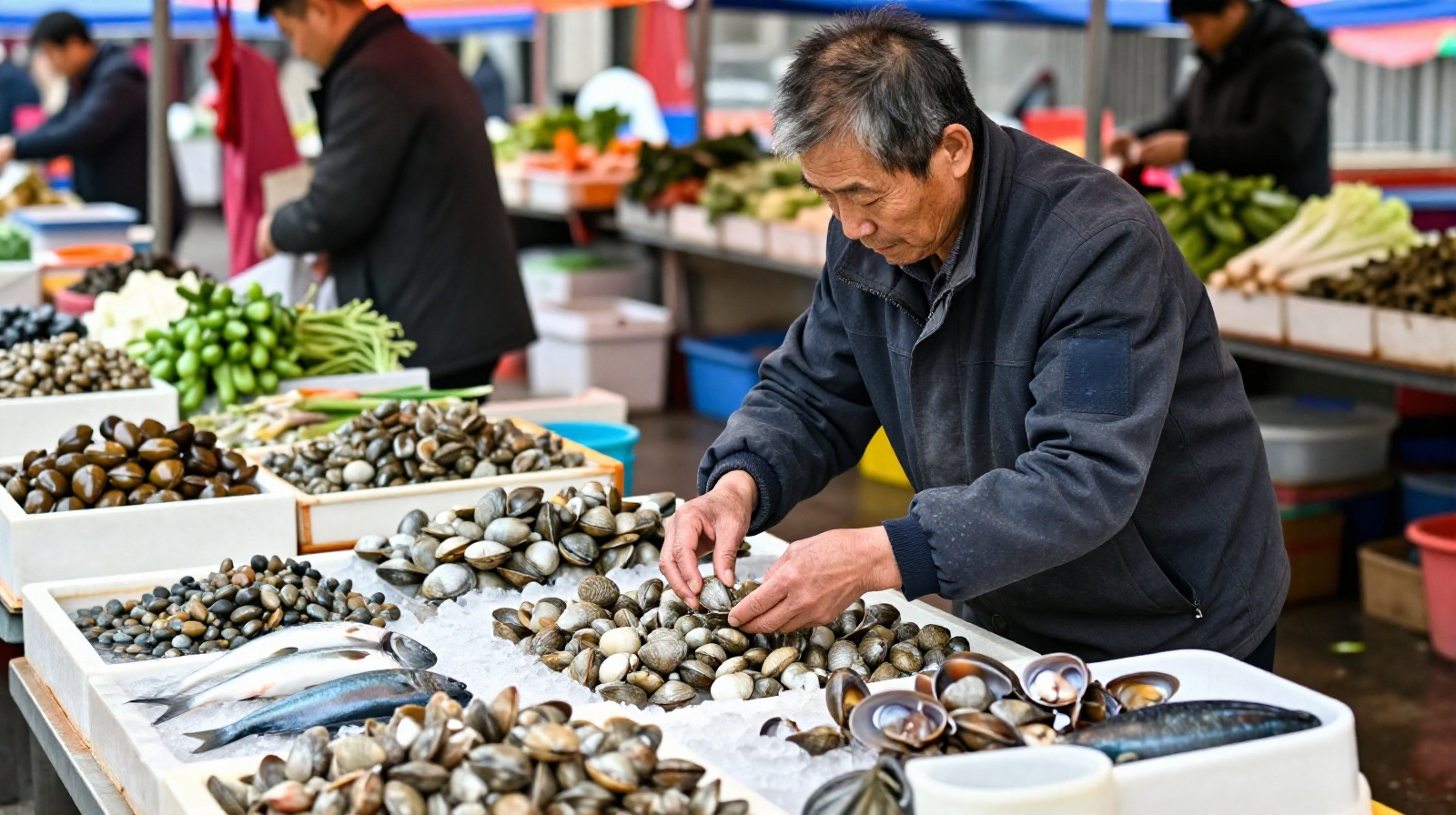 Retired teacher buying fresh clams at a morning wet market in Dalian