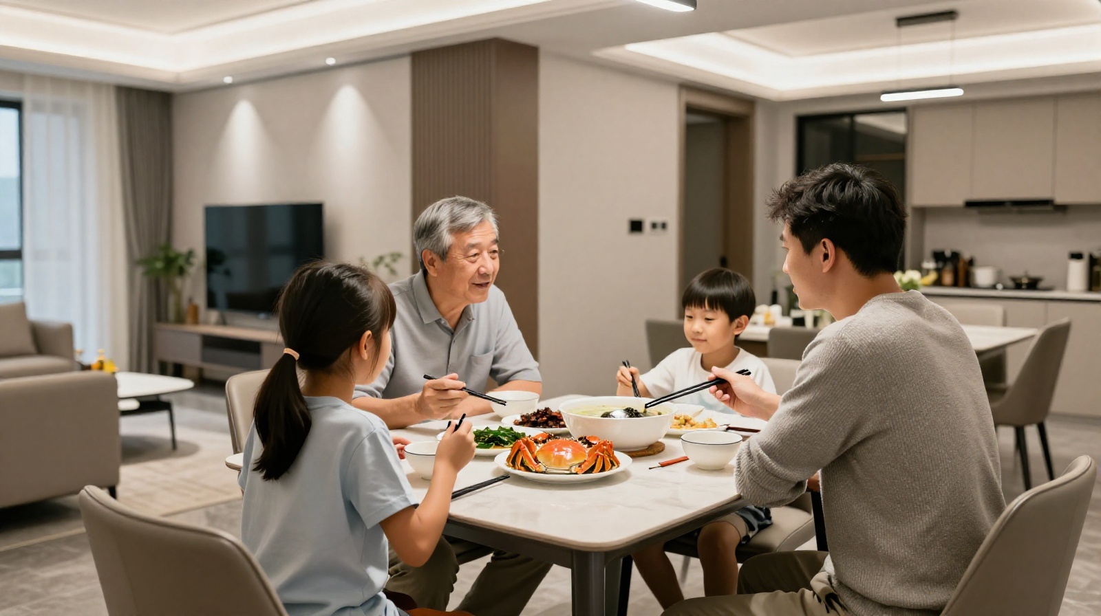 A Dalian family enjoying a seafood dinner at home