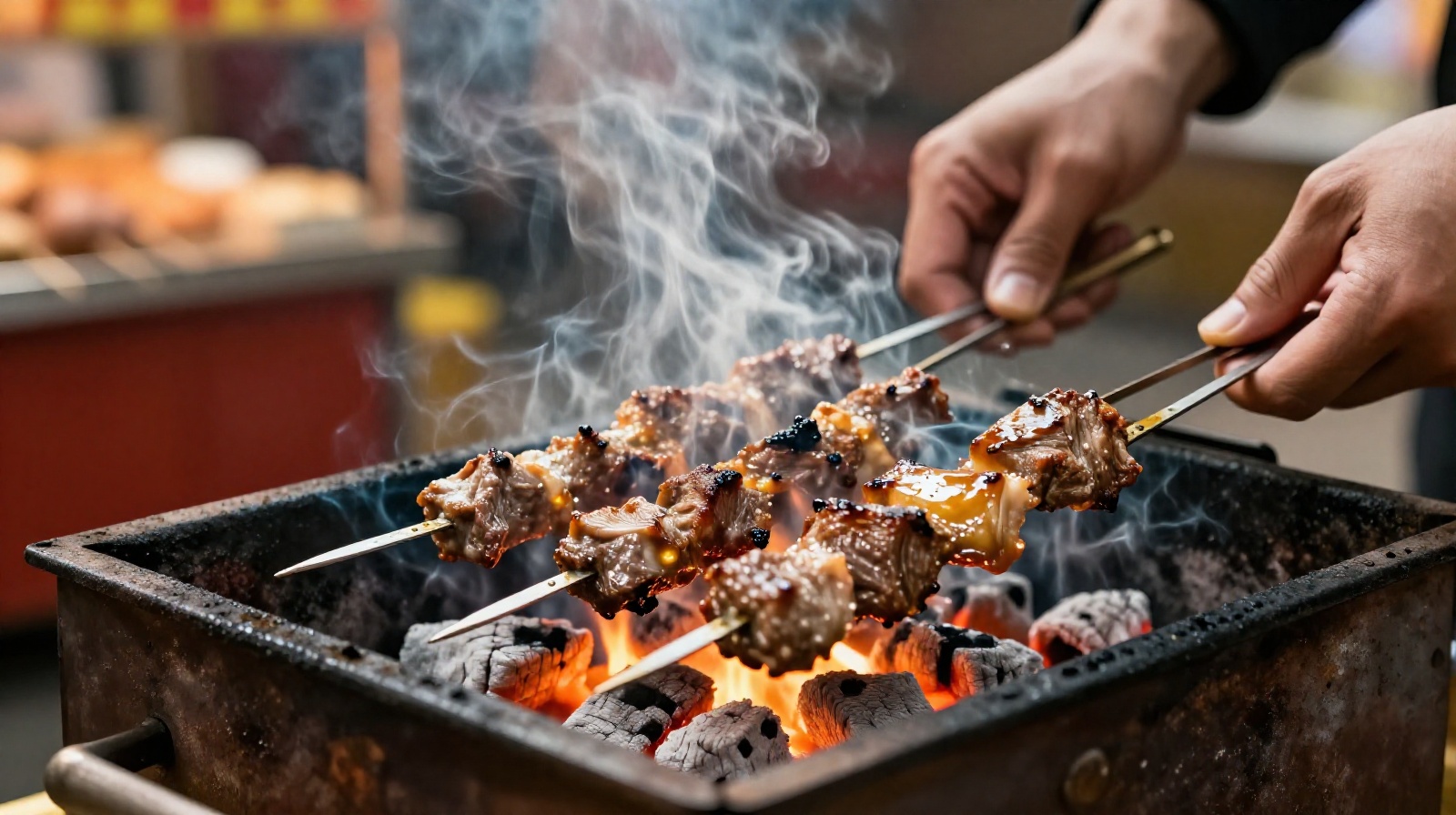 Hands grilling seasoned lamb skewers over glowing charcoal embers at a bustling street food stall in Jinzhou, China