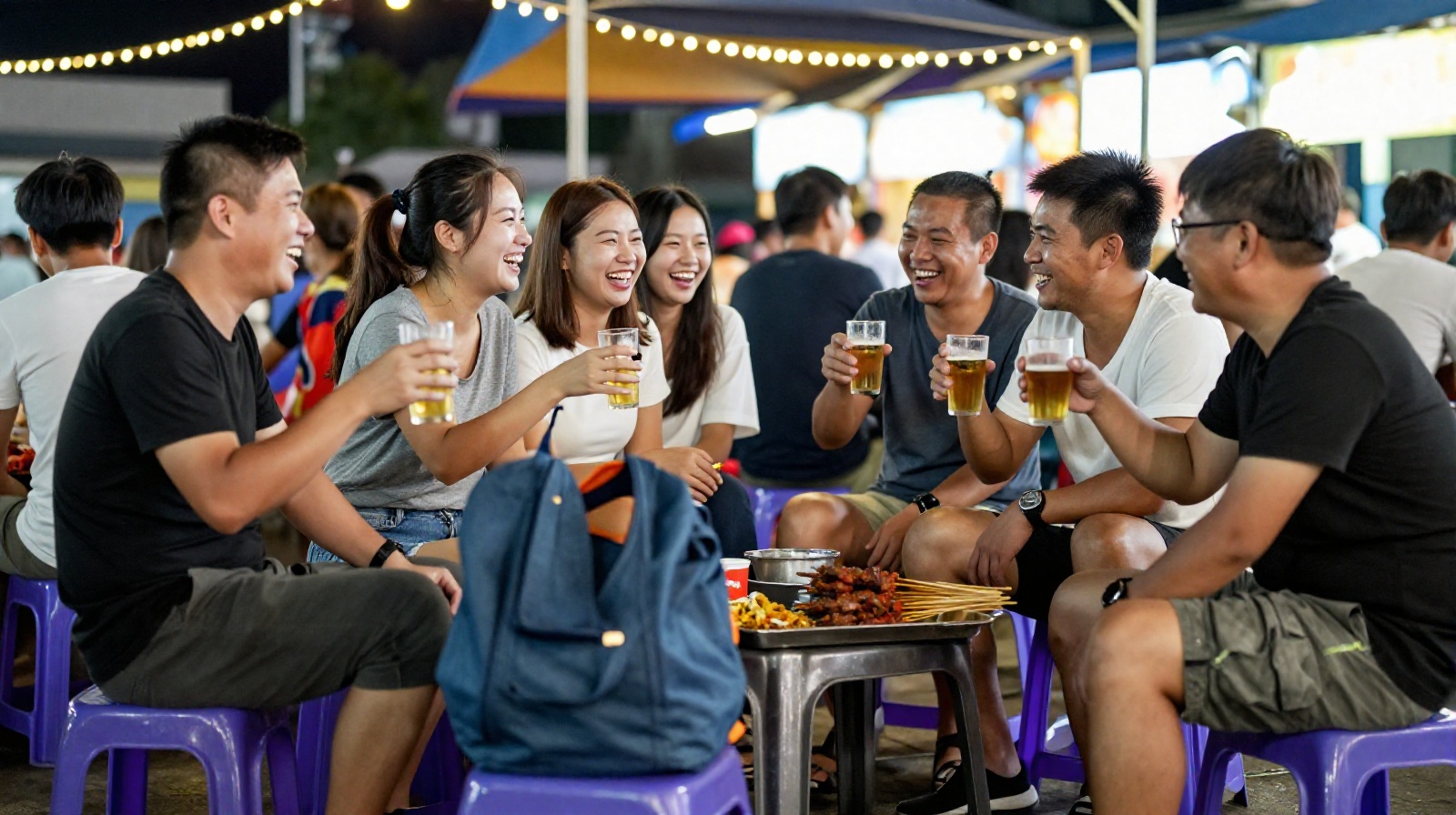 Friends and neighbors enjoying late-night grilled meat and beer together at an outdoor food stall