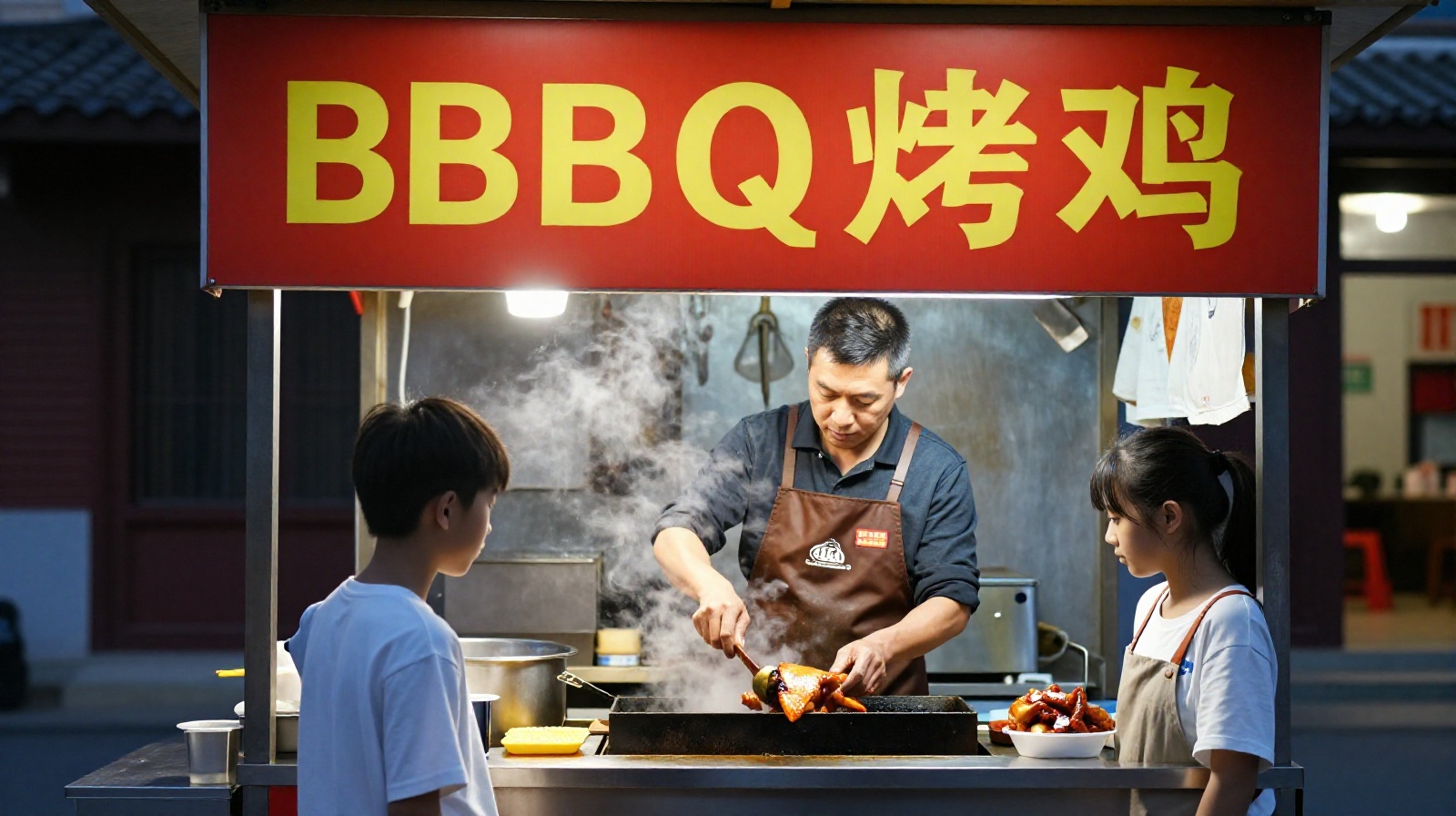 A father teaching his son how to prepare meat for grilling at their family-owned street food business