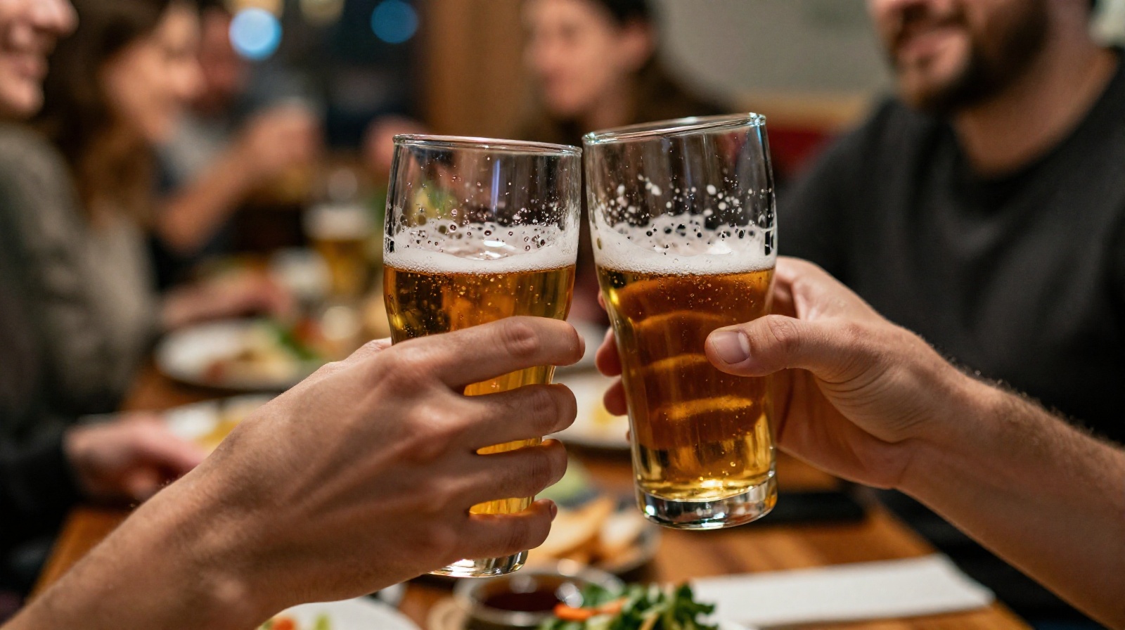 Close-up of two strangers toasting with cold beer glasses during a lively dinner