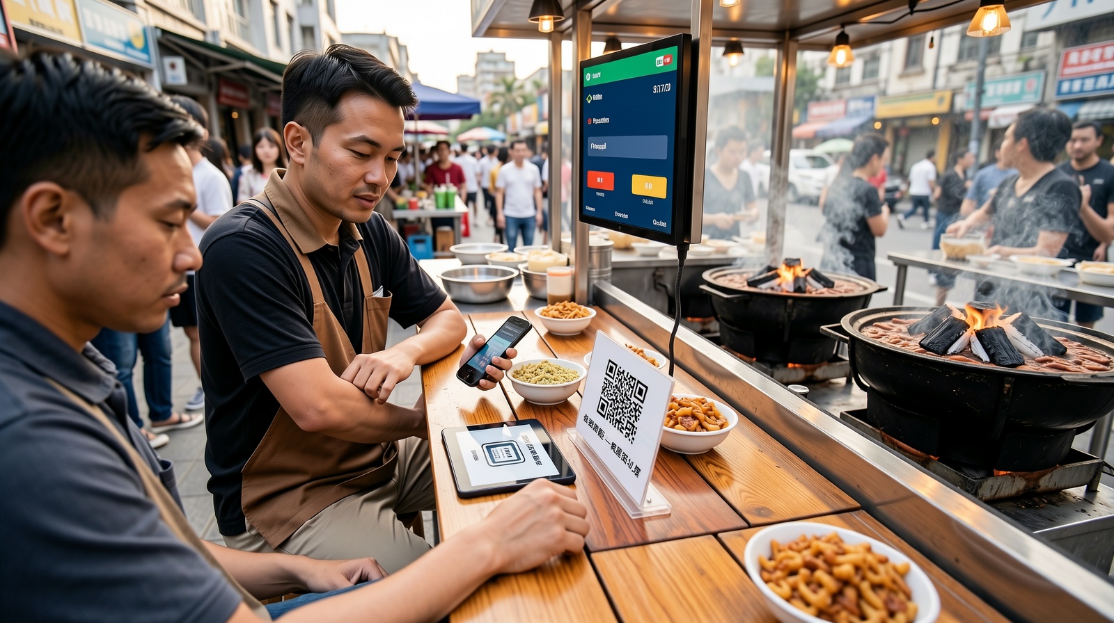 A customer using a mobile phone to scan a QR code for payment at a traditional BBQ stall