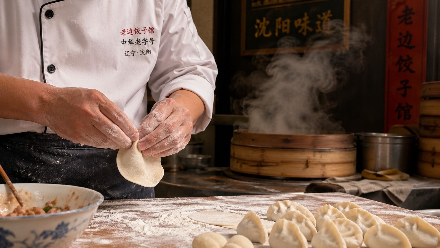 Traditional dumpling preparation at Lao Bian Dumplings shop in Shenyang