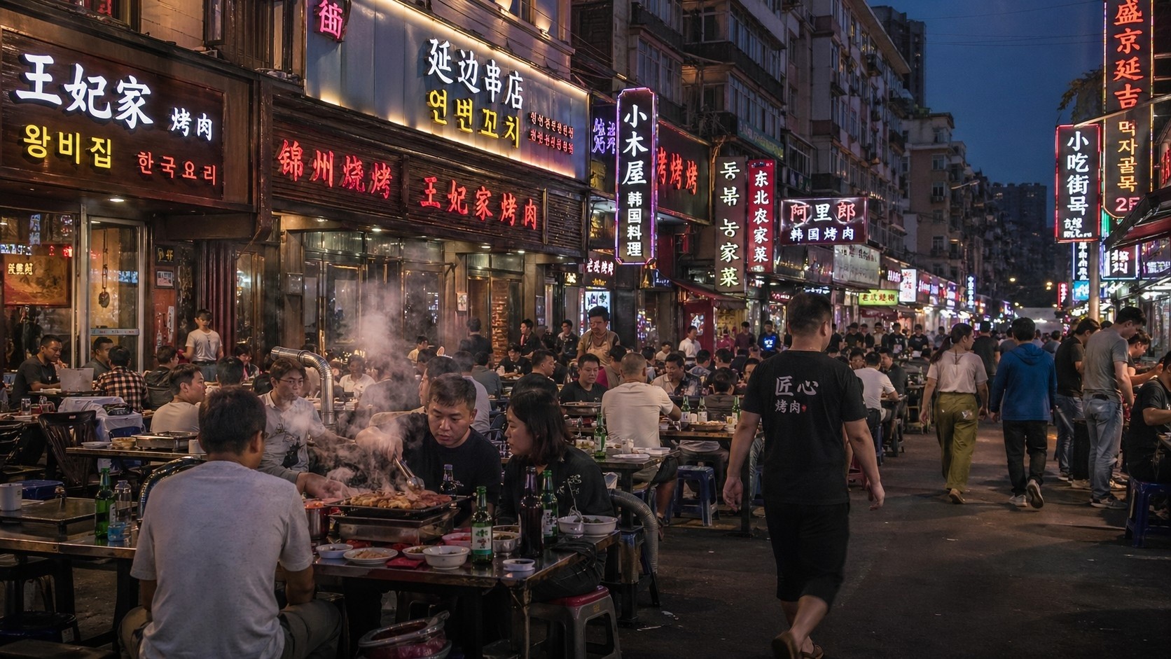 Nighttime street life and Korean BBQ restaurants in Shenyang's Xita district