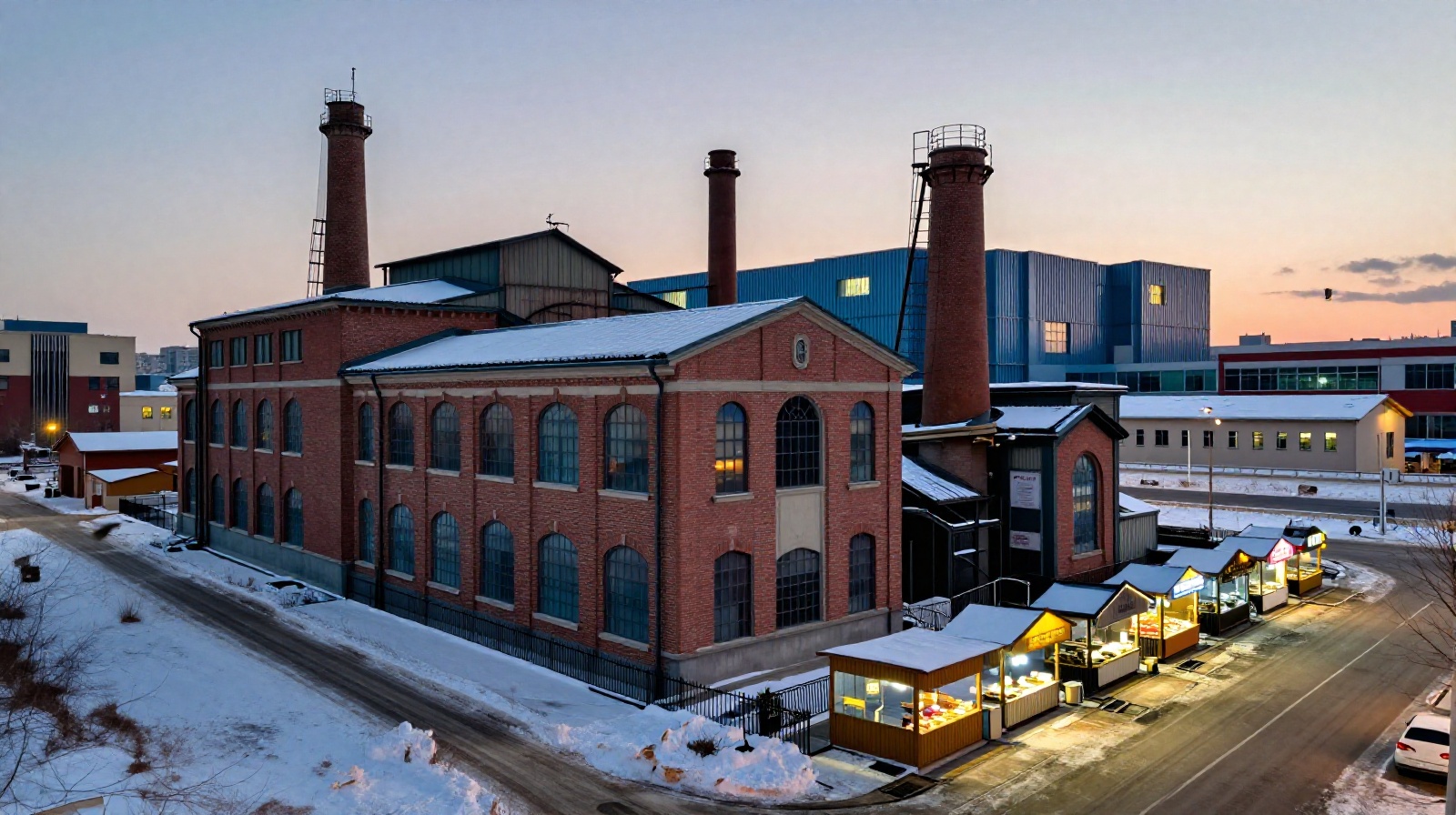 Contrast between an old industrial factory site and a lively street food market in Northeast China, symbolizing economic transition
