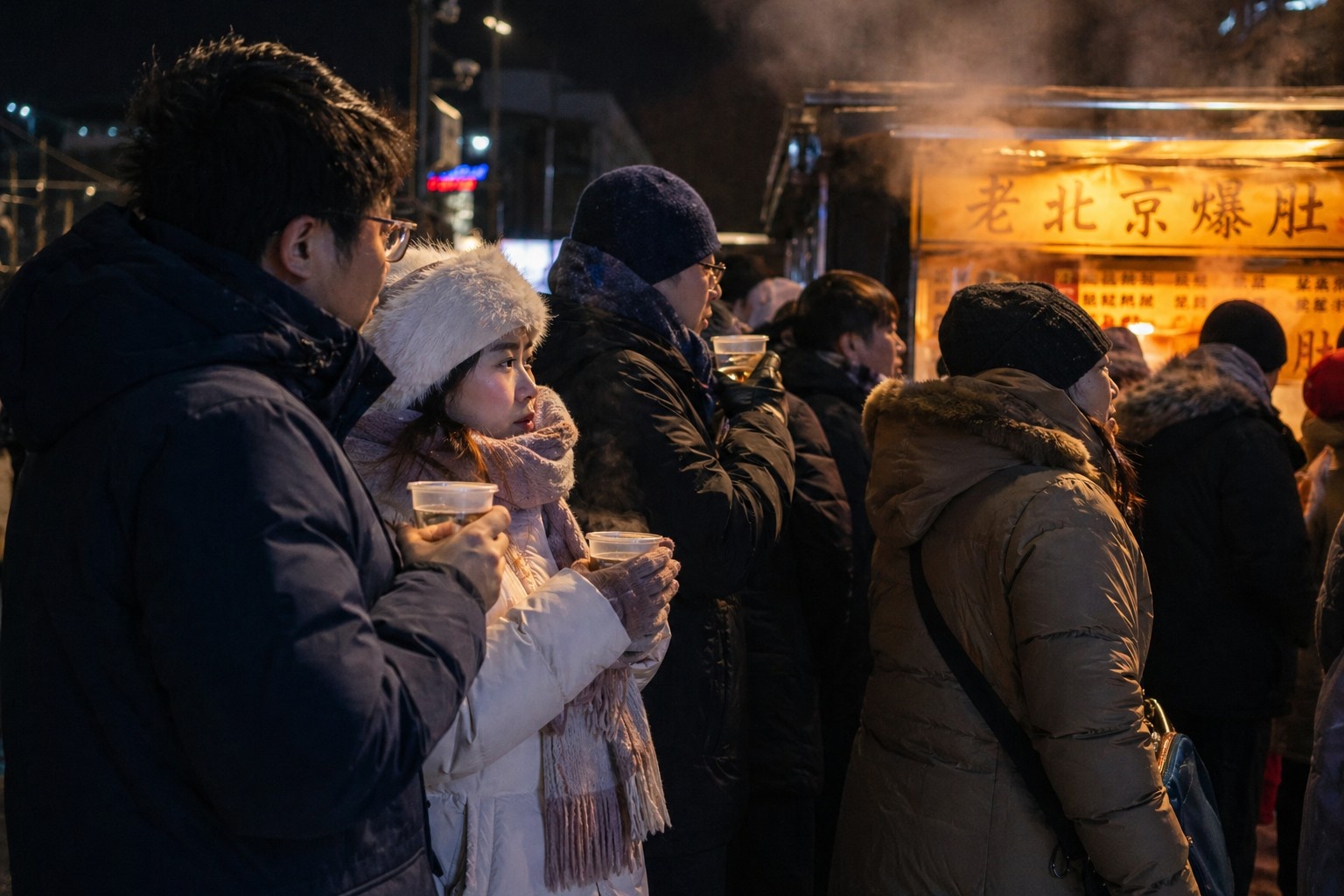 People in thick winter coats queuing outside a dimly lit Chinese street food stall at night, steam rising from the cooking area