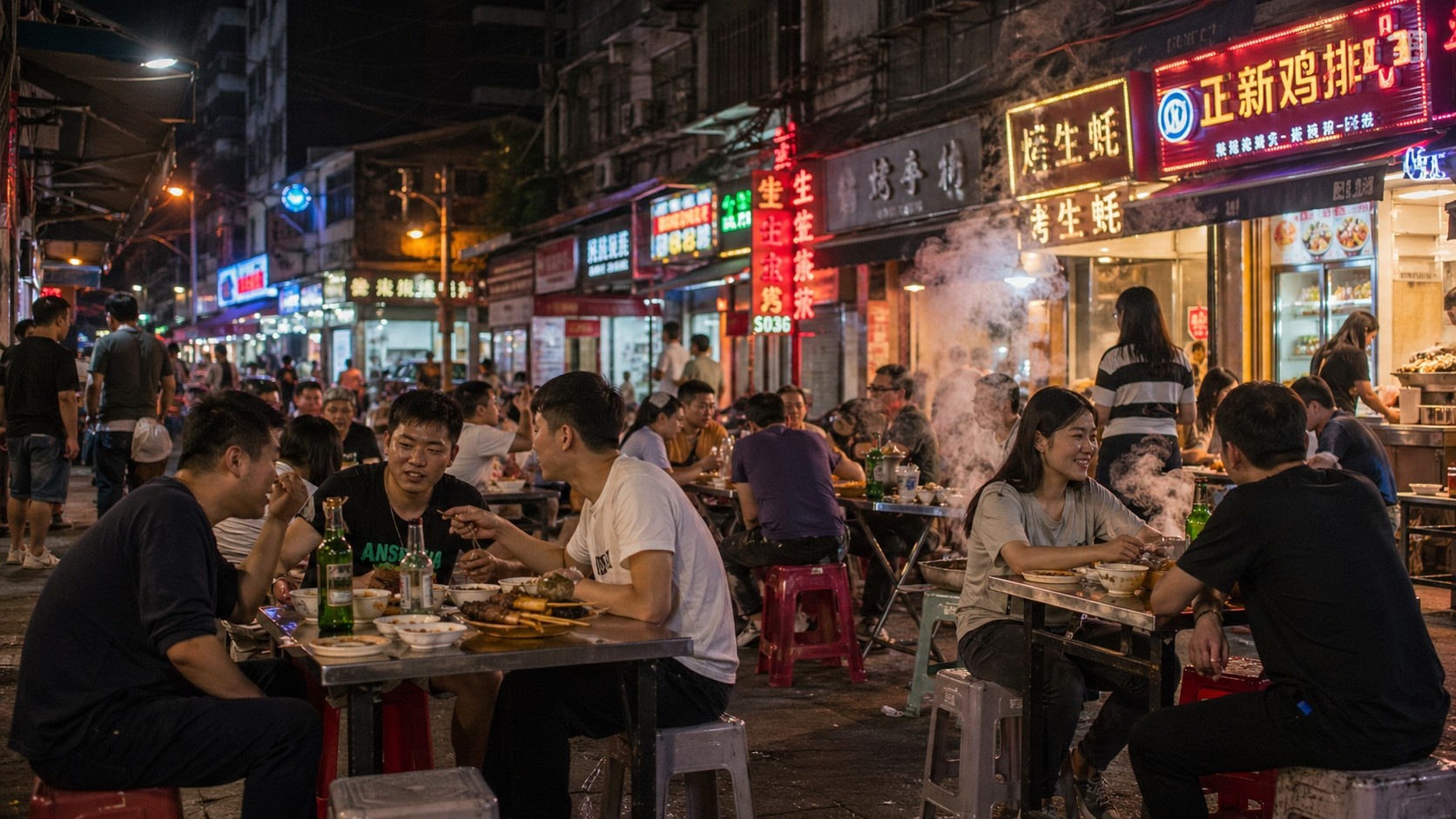 Night view of a bustling street in Northeast China where locals enjoy street food, highlighting modern urban life