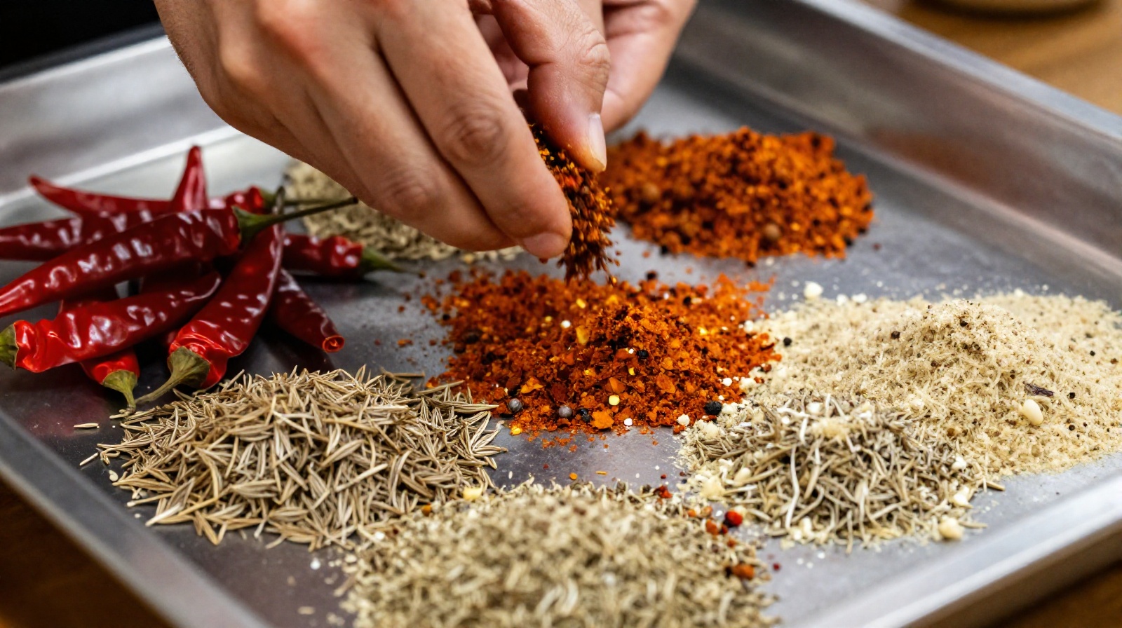 Chef sprinkling chili and cumin spice rub over roasted chicken bones at a street stall
