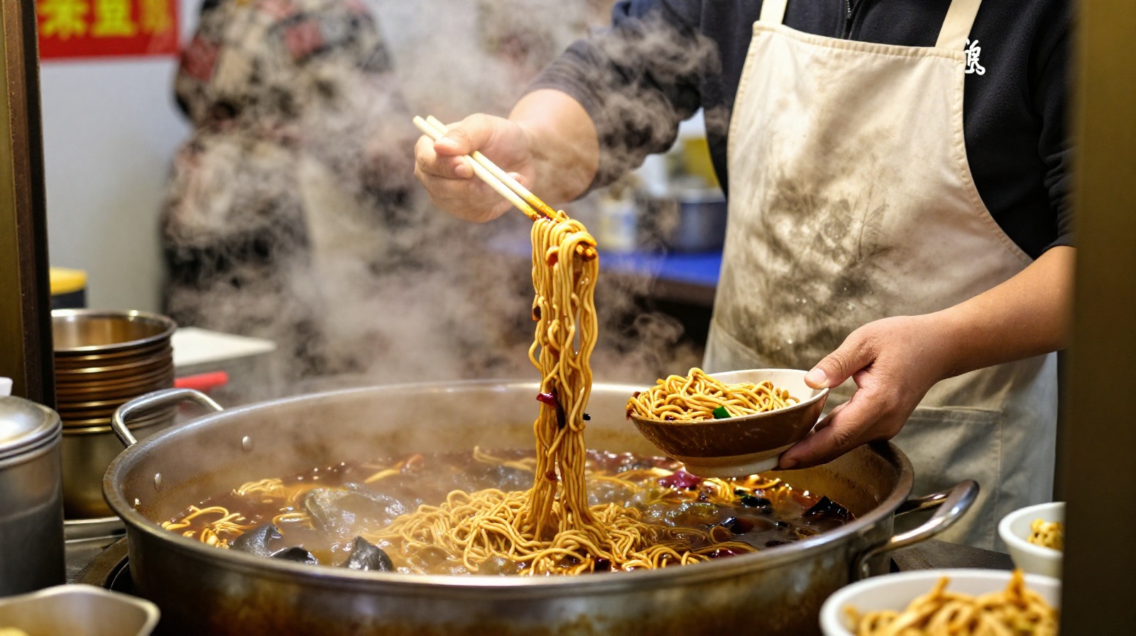 A chef serving hot braised noodles with steam rising from the bowl inside a traditional Chinese noodle shop in Shenyang