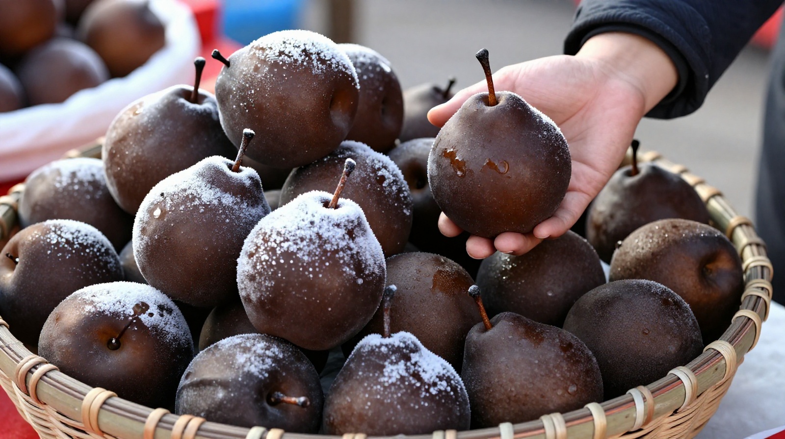Frozen black pears (dong li) selling at a winter market in Liaoning, showing their icy texture and natural frost