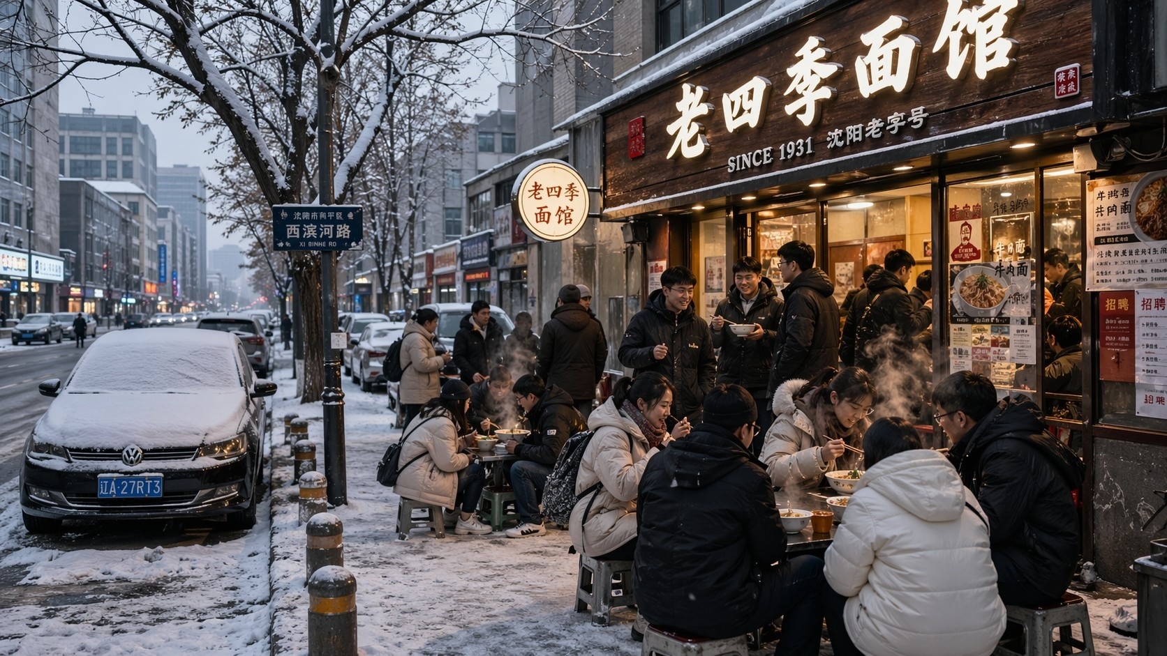 Young delivery drivers and locals eating hot noodles on a snowy street corner in modern Shenyang