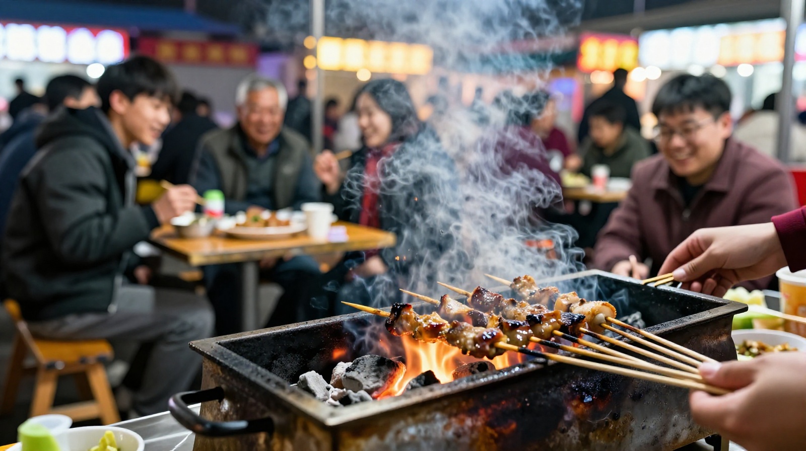 Close-up view of charcoal grilled skewers being cooked at a Shenyang night market stall with young workers and retirees dining in the background