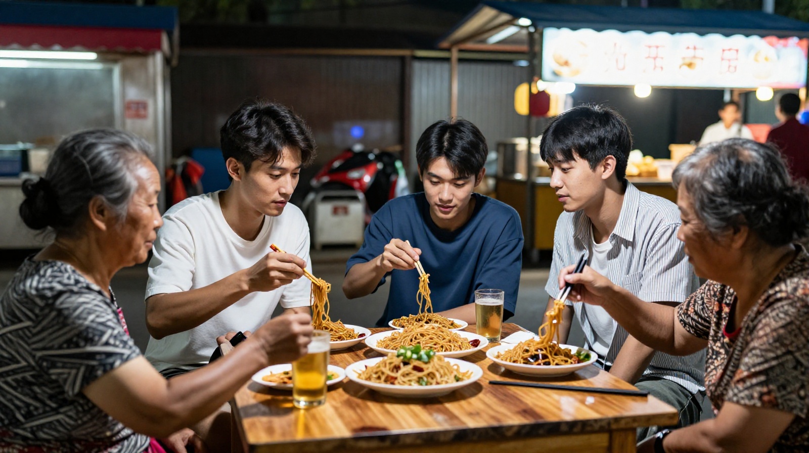 Young workers and retired seniors sharing a meal of cold noodles and skewers at a Liaoning night market