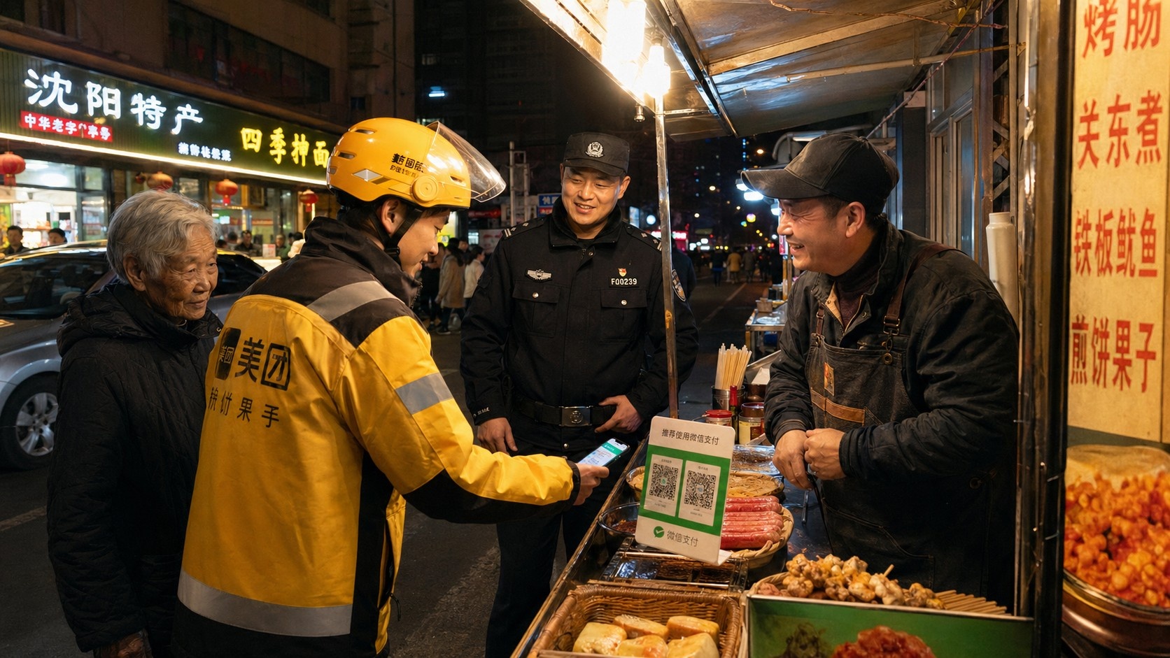 Police patrol and mobile payment interaction at a safe night market in Liaoning showing community support