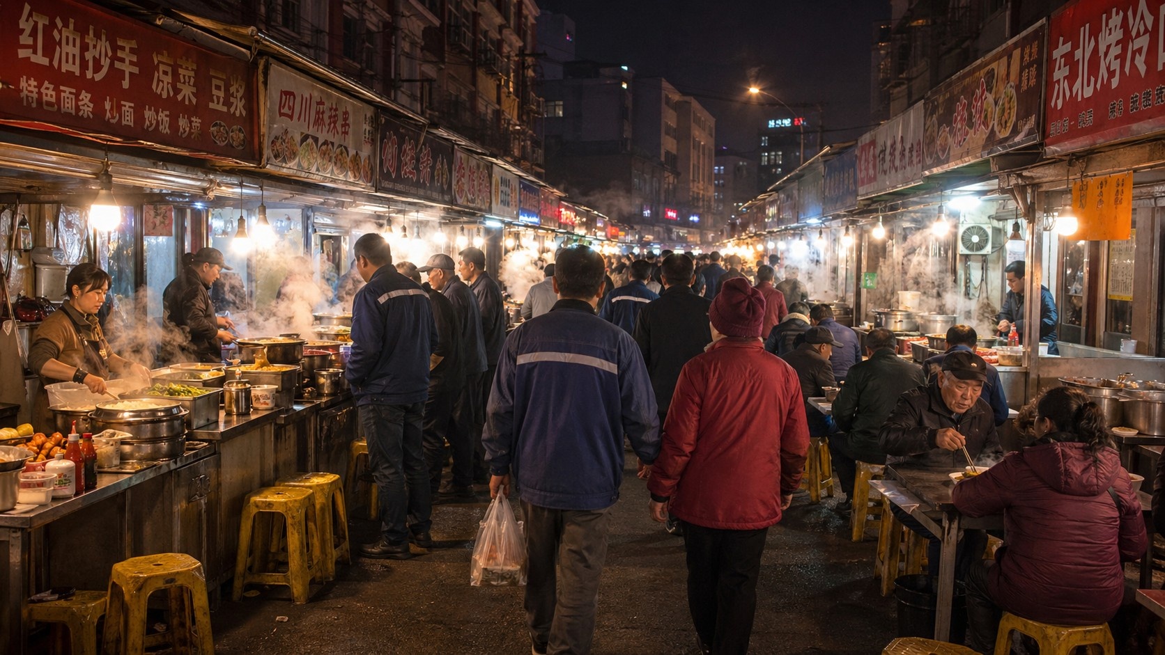 Vibrant night market atmosphere in Liaoning showing diverse crowd of young and old people enjoying evening food