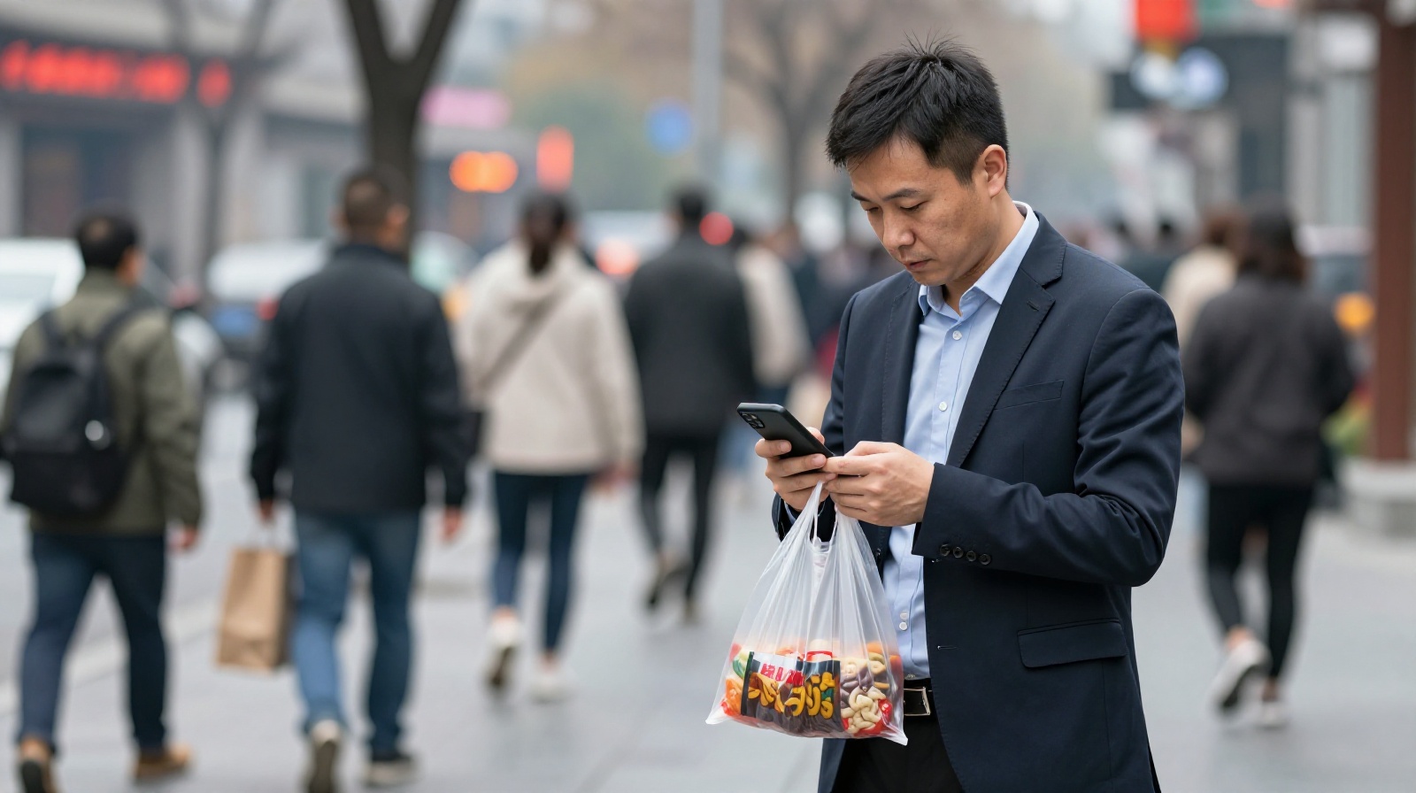 A young man eating lunch on the street in China, holding Roujiamo and Liangpi