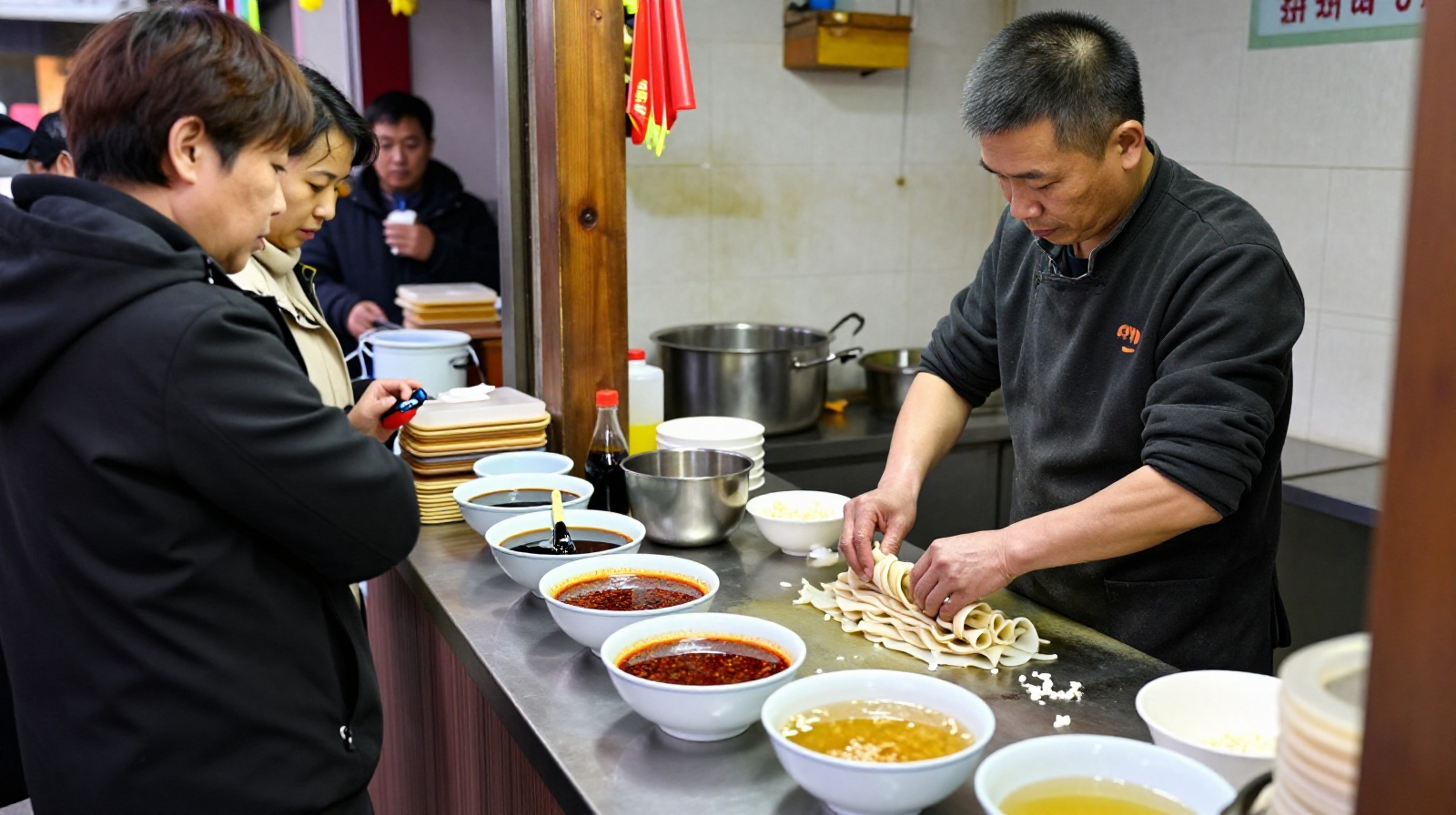 Vendor preparing cold skin noodles (Liangpi) with various condiments at a street food stall