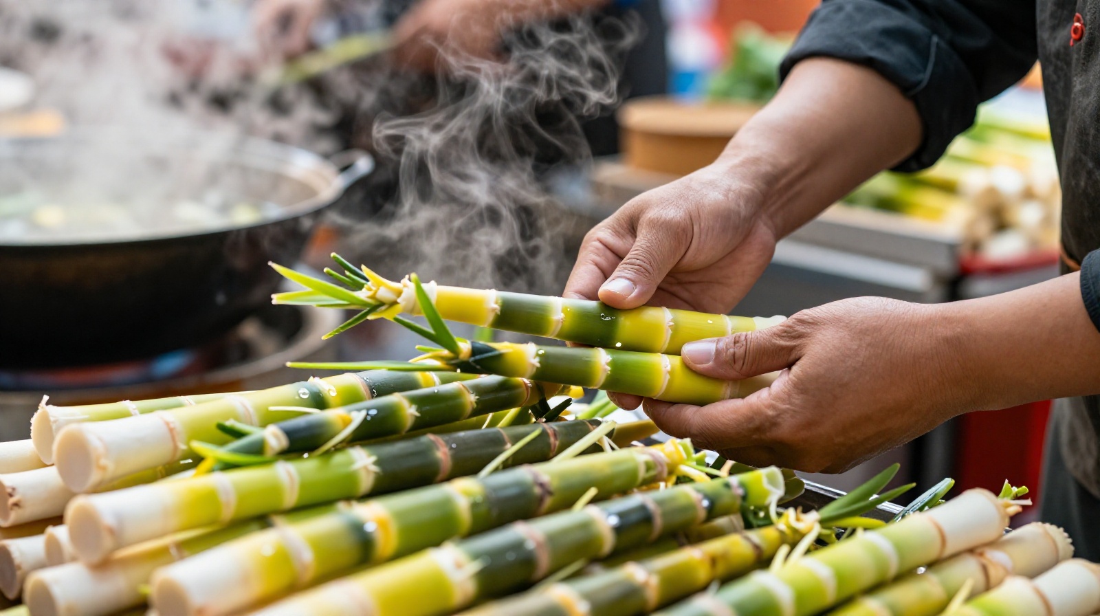 Close-up of fresh bamboo shoots being selected at a traditional Chinese wet market